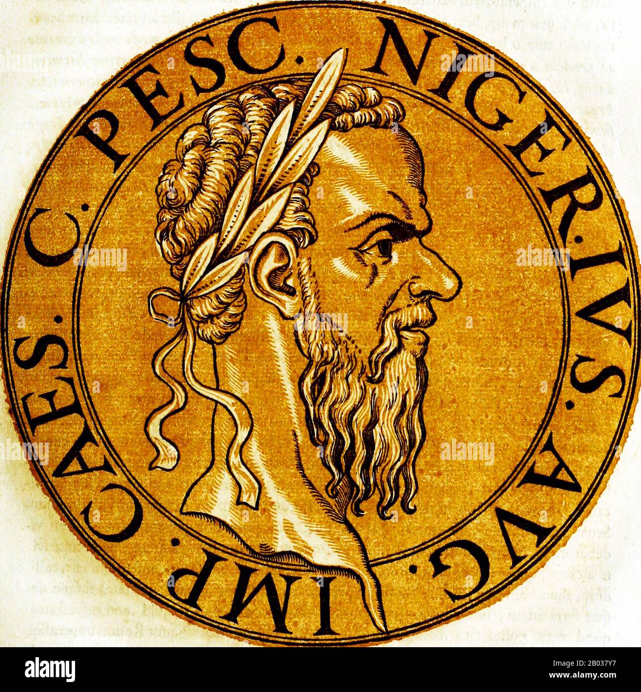 Pescennius Niger (135/140-194) was born into an old Italian equestrian family, and was the first member to become a Roman senator. He was appointed by Commodus to be imperial legate of Syria in 191, where he was serving when news came of the murder of Pertinax in 193 and the auctioning of the imperial throne to Didius Julianus.  Niger was a well regarded public figure, and the citizens of Rome called out for him to return to Rome and claim the title from Julianus. Consequently, the eastern legions proclaimed Niger as emperor in 193, the second emperor to claim the imperial title after Septimiu Stock Photo