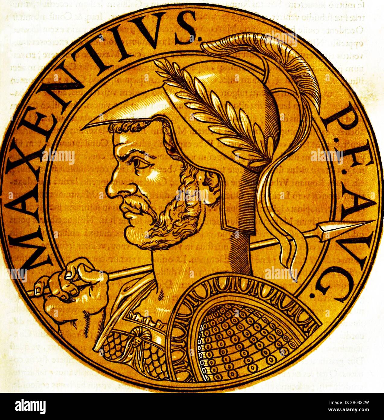 Maxentius (278-312) was the son of former Emperor Maximian, and son-in-law to Emperor Galerius. When his father and Emperor Diocletian stepped down, Maxentius was passed over in the new tetrarchy established by Emperors Constantius and Galerius, the latter nominating Severus and Maximinus Daia as junior co-emperors. Galerius hated Maxentius and used his influence to halt his succession.  When Constantius died in 306 and his son Constantine was crowned emperor and accepted into the tetrarchy, Maxentius was publicly proclaimed emperor later in the same year by officers in Rome. Severus marched t Stock Photo