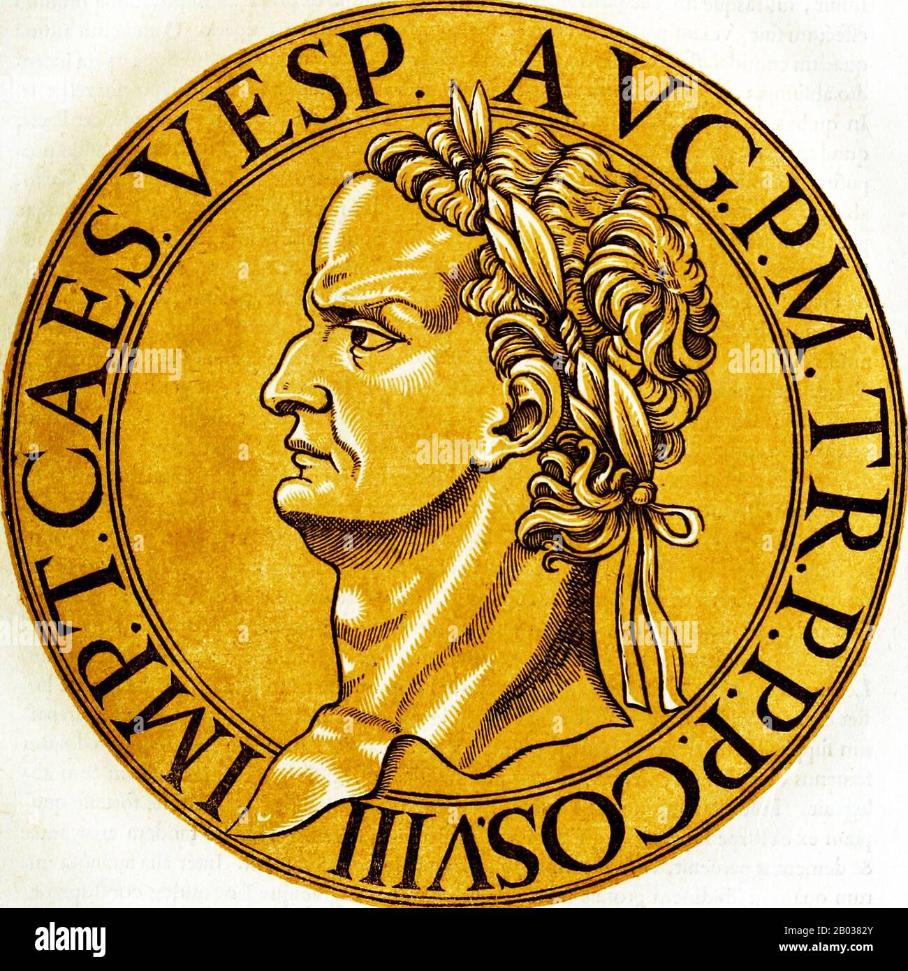 Natural son and heir of Emperor Vespasian, Titus (39-81 CE) was a member of the Flavian dynasty, the first Roman emperor to succeed his own biological father. Titus, like his father, had earned much renown as a military commander, especially during the First Jewish-Roman war.  When his father left to claim the imperial throne after Nero's death, Titus was left behind to end the Jewish rebellion, which occurred in 70 CE with the siege and sacking of Jerusalem. The Arch of Titus was built in honour of his destruction of the city. He was also known for his controversial relationship with the Jewi Stock Photo