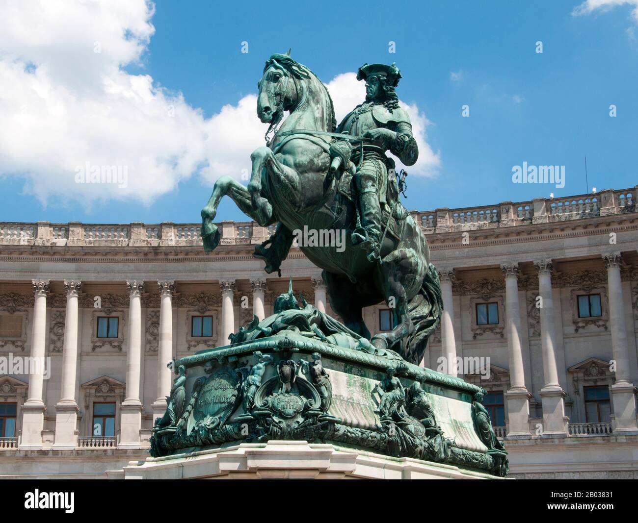 Austria: Prince Eugene of Savoy (1663 -1736), general and statesman of the Holy Roman Empire, equestrian statue in Heldenplatz, Vienna. Prince Eugene of Savoy (Prinz Eugen von Savoyen; 18 October 1663 – 21 April 1736) was a general of the Imperial Army and statesman of the Holy Roman Empire and the Archduchy of Austria and one of the most successful military commanders in modern European history, rising to the highest offices of state at the Imperial court in Vienna. Stock Photo