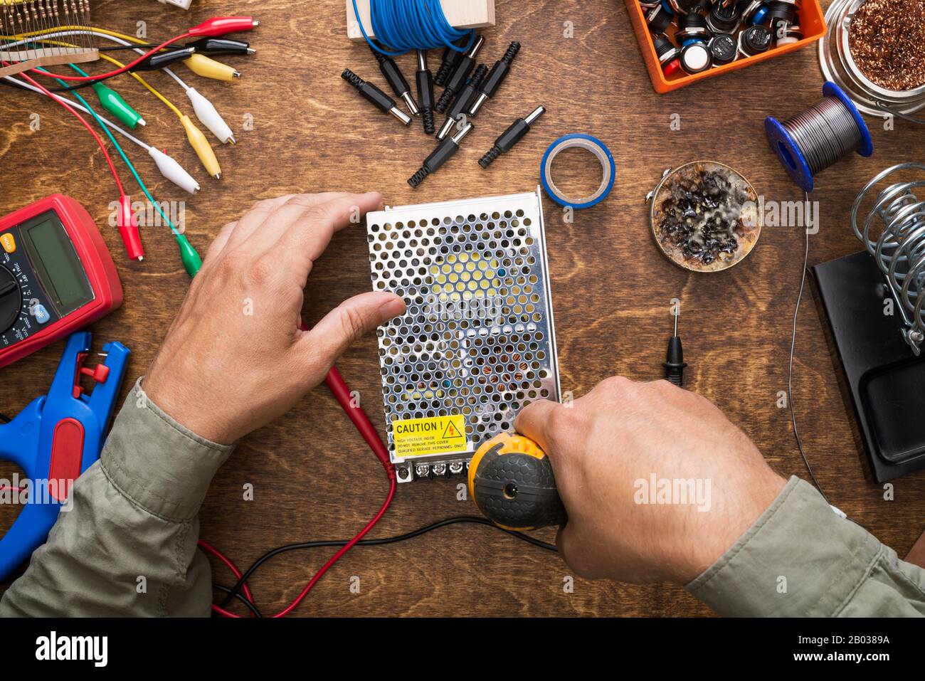 Workshop table. Working with electronics. DIY, repair concept. Stock Photo