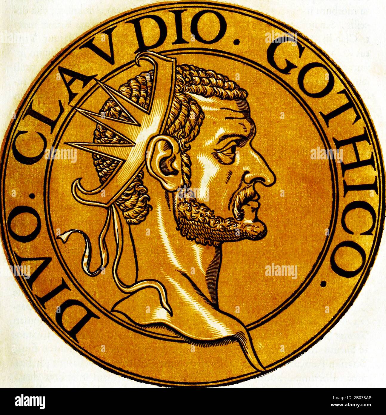 Claudius II (210-270), also known as Claudius Gothicus, was of Illyrian origin and barbarian birth. He was a career soldier, having served his entire adult life in the Roman army. He was a military tribune in Emperor Gallienus' army during the siege of Milan in 268 when Gallienus was murdered by his own ofifcials, possibly including Claudius. Claudius was then proclaimed emperor by his own soldiers, possibly because of his physical strength and cruelty.  Claudius, like the previous barbarian emperor Maximinus Thrax, was a soldier-emperor, the first in a series that would restore the Empire fro Stock Photo