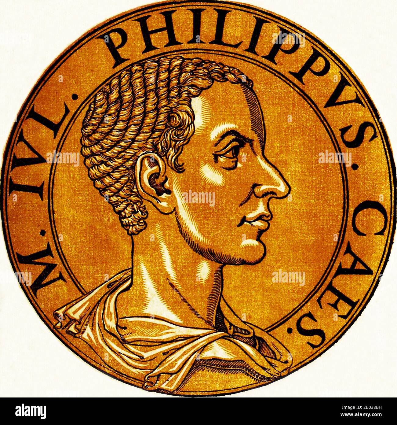Philip II (238-249), also known as Philippus II and Philip the Younger, was the son and heir to Emperor Philip I, or Philip the Arab. When Philip I became emperor in 244, Philip II was appointed Caesar, and served as consul in 247. His father eventually elevated him to Augustus and co-emperor some time later.  Philip I was killed in battle with rival claimant Decius in 249, and when news of his death reached Rome the Praetorian Guard murdered Philip II. It was said that he died in his mother's arms, aged only eleven. Stock Photo