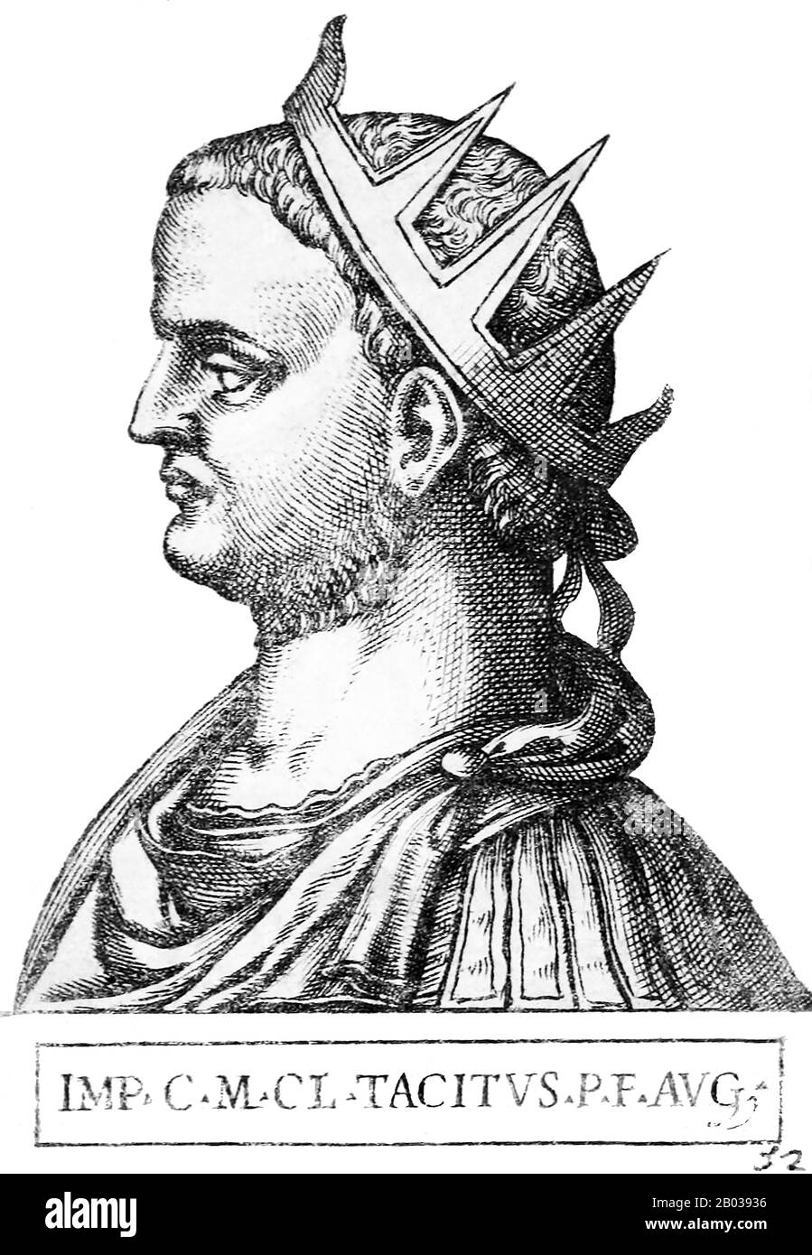 Tacitus (200-276 CE) was born in Interamna (Terni), Italia, and worked for much of his long life in various civil offices, including a term as consul in 273, earning him much universal respect. When Aurelian was assassinated by the Praetorian Guard, Tacitus was chosen as his successor after a brief interregnum by the Roman Senate, the last time the Senate would elect an emperor.  Tacitus' brief reign saw him fight against barbarian mercenaries that had been serving under Aurelian but had broken away to plunder several towns in the Eastern Roman provinces after the previous emperor's death. He Stock Photo