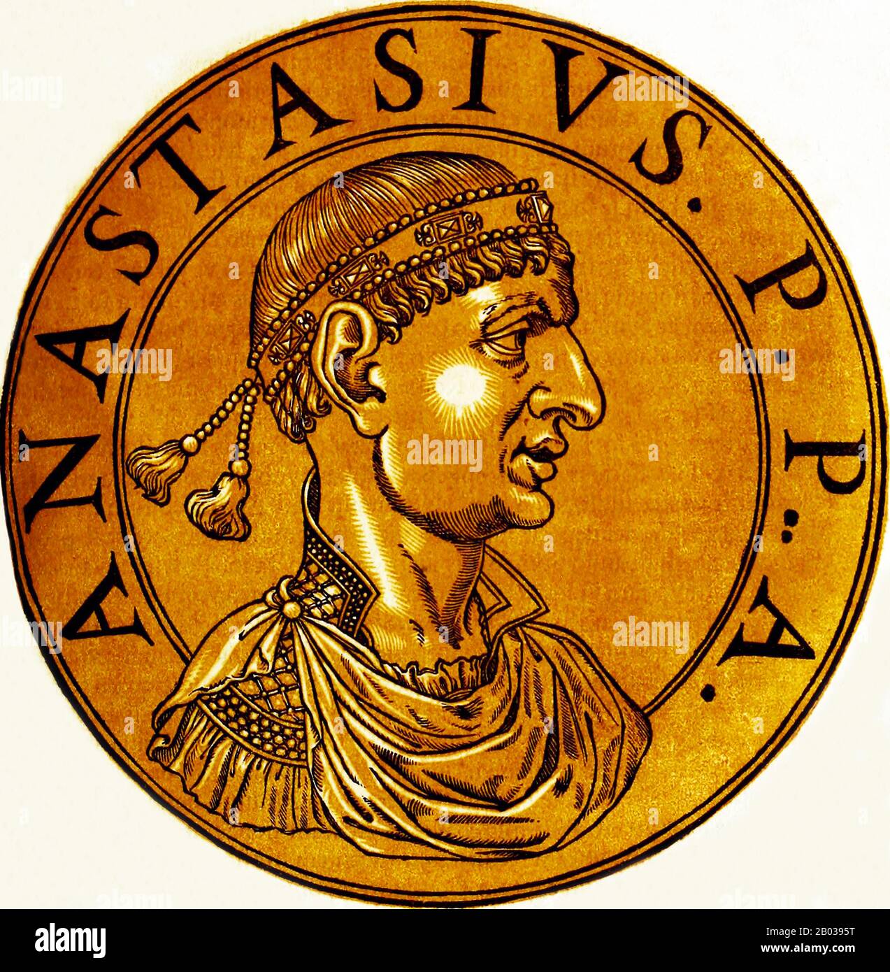 Anastasius I (431-518), also known as Anastasius Dicorus, was born into an Illyrian family. After Emperor Zeno's death in 491 CE, many citizens of the empire wanted both a Roman and an Orthodox Christian emperor. In response, Zeno's widow and Emperor Leo I's daughter Ariadne turned to Anastasius, who was in his sixties when he married Ariadne and ascended to the throne.  Anastasius soon had to deal with the usurper Longinus, brother of the late Zeno, engaging in the Isaurian War and defeating Longinus in 497. He later fought against the Sassanid Empire in the Anastasian War, the war raging fro Stock Photo