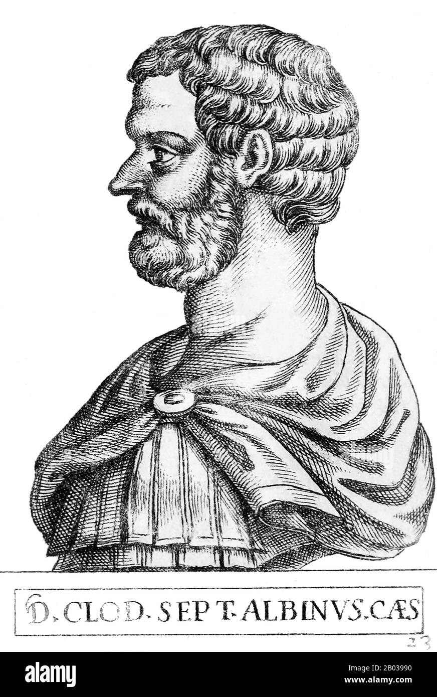 Clodius Albinus (150-197) was born in Africa Province (modern day Tunisia) to an aristocratic Roman family. He joined the army at a young age and served with distinction under Emperors Marcus Aurelius and Commodus. After the assassination of Emperor Pertinax and the auctioning of the imperial throne to senator Didius Julianus in 193, Albinus was proclaimed emperor by the armies in Britain and Gaul.  In the civil war that followed, which would be known as the Year of the Five Emperors, Albinus initially allied himself with fellow claimant Septimius Severus, who had captured Rome, with the two s Stock Photo