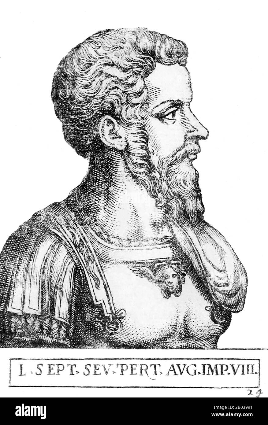 Septimius Severus (145-211 CE) was born in the Roman province of Africa, and advanced steadily through the customary succession of offices (the 'cursus honorum') during the reigns of Marcus Aurelius and Commodus. He was governor of Pannonia Superior when word of Pertniax's murder and Didius Julianus' accession reached him in 193 CE.  In response to Julianus' controversial accession through buying the emperorship in an auction, many rivals rose up and declared themselves emperor, with Severus being one of them, beginning what was known as the Year of the Five Emperors. Hurrying to Rome, Severus Stock Photo