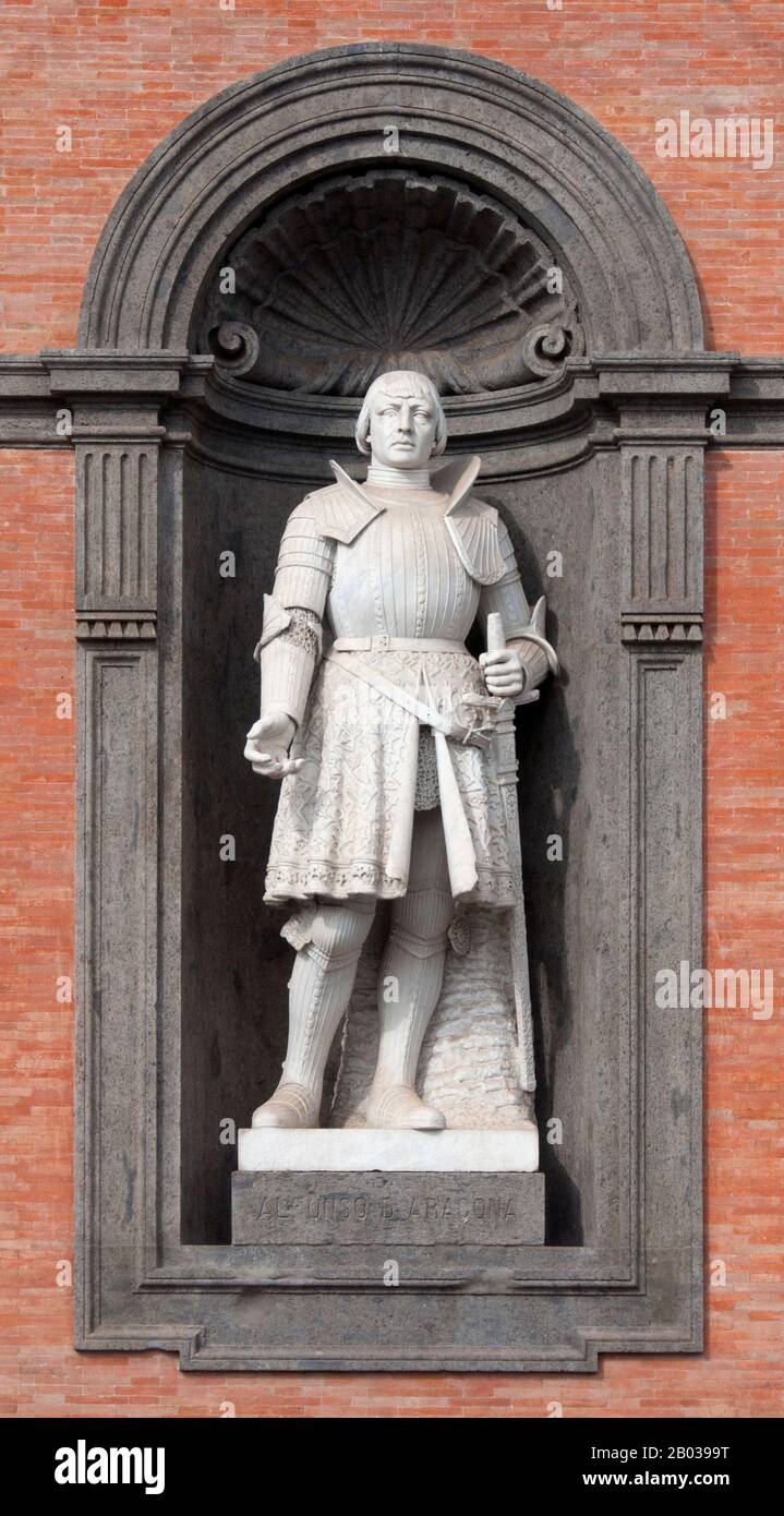 Alfonso the Magnanimous (1396 – 27 June 1458) was the King of Aragon (as Alfonso V), Valencia (as Alfonso III), Majorca, Sardinia and Corsica (as Alfonso II), Sicily (as Alfonso I) and Count of Barcelona (as Alfonso IV) from 1416, and King of Naples (as Alfonso I) from 1442 until his death. He was one of the most prominent figures of the early Renaissance and a knight of the Order of the Dragon. Stock Photo
