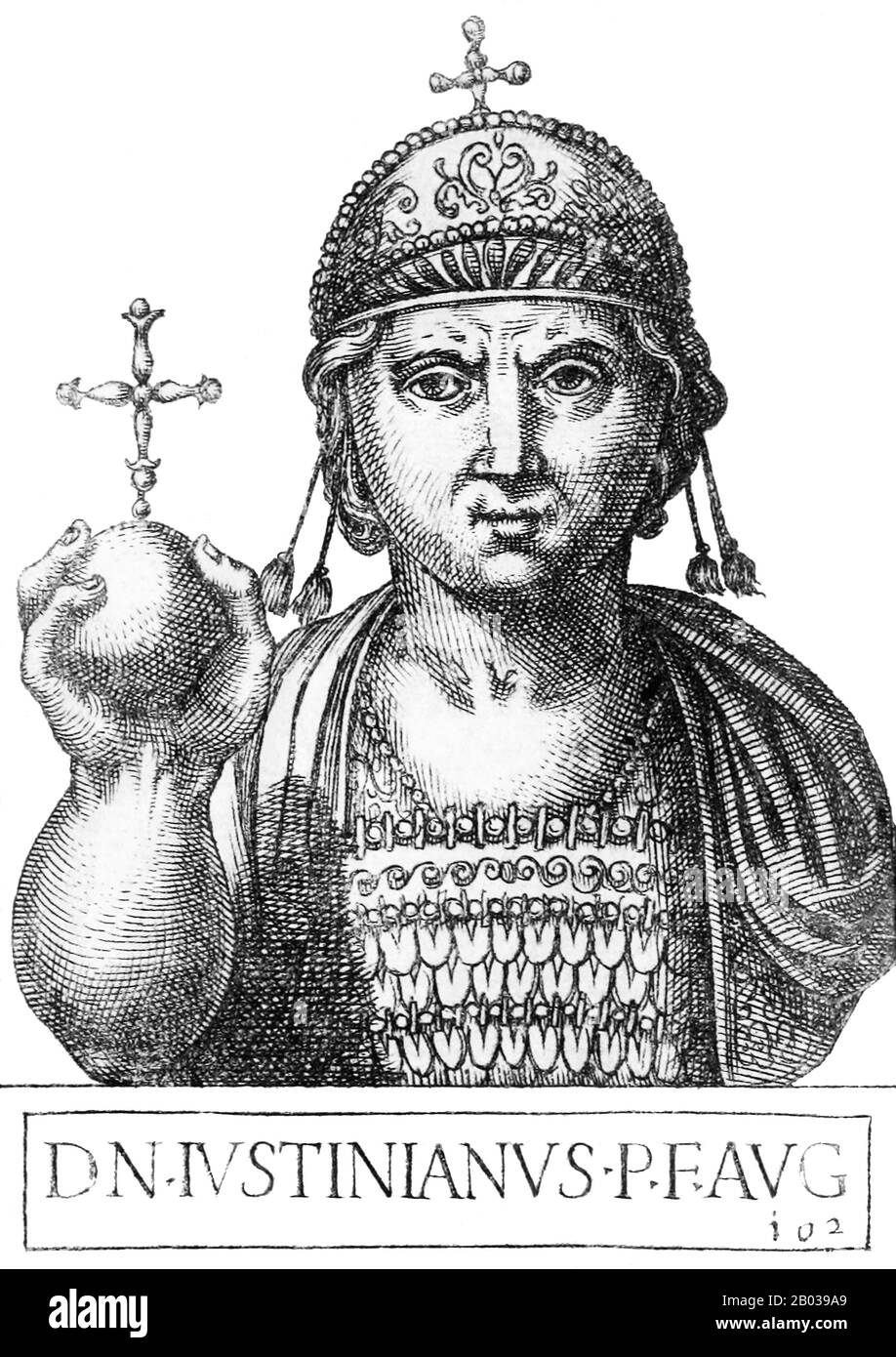 Justinian II (668-711), later known as Justinian the Slit-Nosed, was the eldest son of Emperor Constantine IV, and became joint emperor in 681. He later succeeded his father as sole emperor in 685, aged sixteen. Justinian was ambitious and passionate, wishing to restore the emperor to former glories and past successes.  However, Justinian's lack of finesse and his poor attitude towards any opposition to his will led to resistance throughout his reign. He was eventually deposed in a popular uprising led by Leontios in 695, who proclaimed himself emperor and exiled Justinian after having his nos Stock Photo