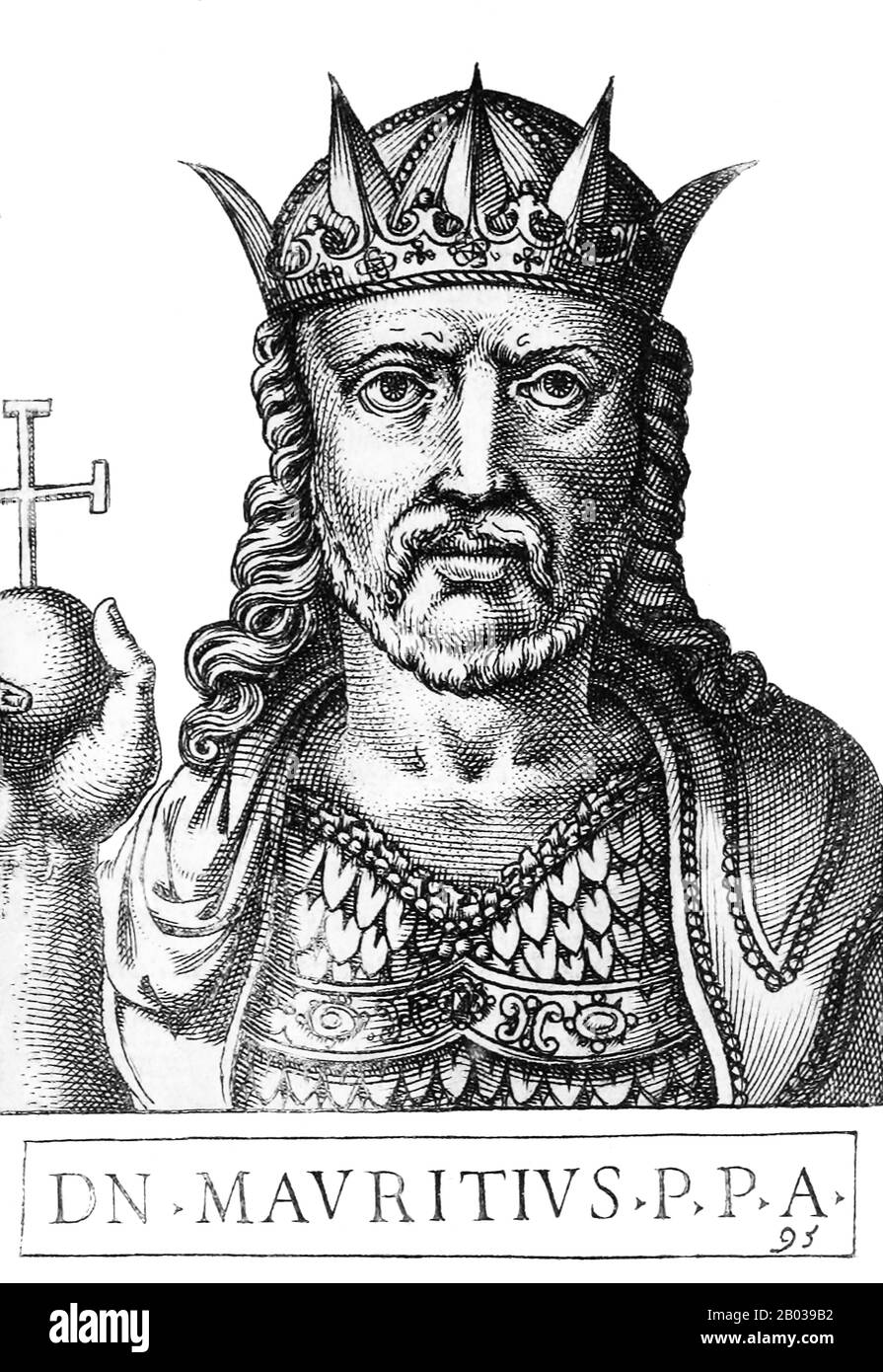 Maurice (539-602) was born in Cappadocia and quickly rose to become a prominent general in his youth, with numerous successes under his belt from campaigning against the Sassanid Empire. He married Constantina, Emperor Tiberius II's daughter, and succeeded his father-in-law as emperor in 582, inheriting a tumultuous situation of numerous warring fronts and high tributes to Avar barbarians.  Maurice quickly brought the war against the Sassanids to a victorious conclusion and vastly expanded the Byzantine Empire's eastern border in the Caucasus. He pushed the Avars back across the Danube River i Stock Photo