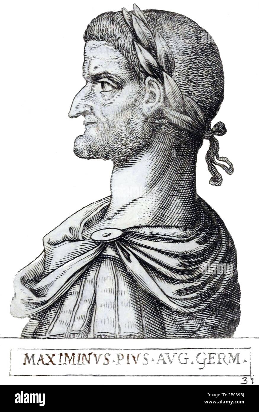 Of Thraco-Roman origin, Maximinus Thrax (173 - 238 CE) was a child of low birth, and was seen by the Senate as a barbarian and not a true Roman, despite Caracalla's Antonine Constitution granting citizenship to all freeborn citizens of the Empire. A career soldier, Maximinus rose through the ranks until he commanded a legion himself. He was one of the soldiers who were angered by Emperor Severus Alexander's payments to the Germanic tribes for peace, and plotted with them to assasinate the emperor in 235 CE.  The Praetorian Guard declared Maximinus emperor after the act, a choice that was only Stock Photo