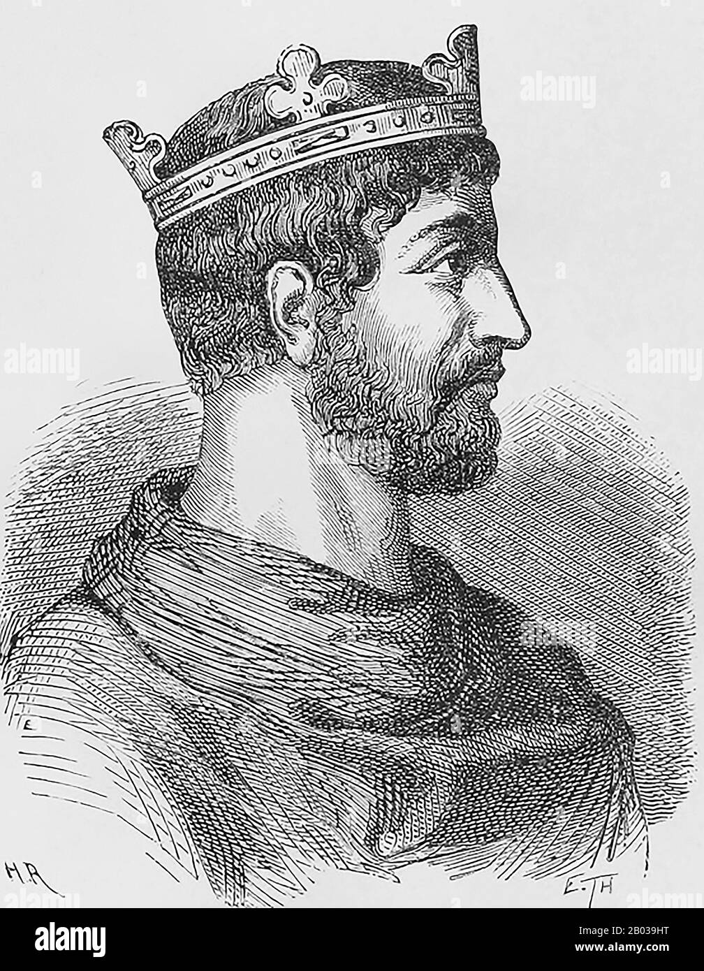 Lothair I (795-855), also known as Lothar I, was the eldest son of Emperor Louis the Pious and grew up in the court of his grandfather, Emperor Charlemagne. When Louis became sole emperor in 814, he sent Lothair to govern Bavaria in 815. Lothair was crowned as co-emperor and declared as principal heir in 817, and would be overlord to his younger brothers, Pippin of Aquitaine and Louis the German, as well as his cousin Bernard of Italy.  When his father died in 840, Lothair ignored all previous plans for partitioning and claimed the whole of the Holy Roman Empire for himself, leading to another Stock Photo