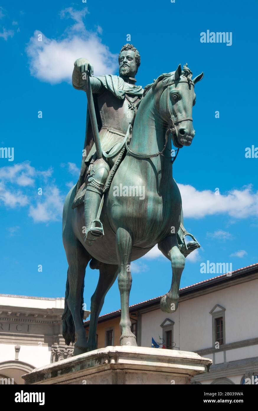 Italy: Equestrian statue of Ferdinando I de' Medici, Grand Duke of Tuscany (1549 - 1609), Piazza della Santissima Annunziata, Florence. Completed by the Italian sculptor, Pietro Tacca (1577 - 1640), the statue was erected in 1608. The equestrian statue of Ferdinando I was originally commissioned from an elderly Giambologna (1529 - 1608) and completed by his pupil Pietro Tacca.  Ferdinando I de' Medici (30 July 1549 – 17 February 1609) was Grand Duke of Tuscany from 1587 to 1609, having succeeded his older brother Francesco I. Stock Photo