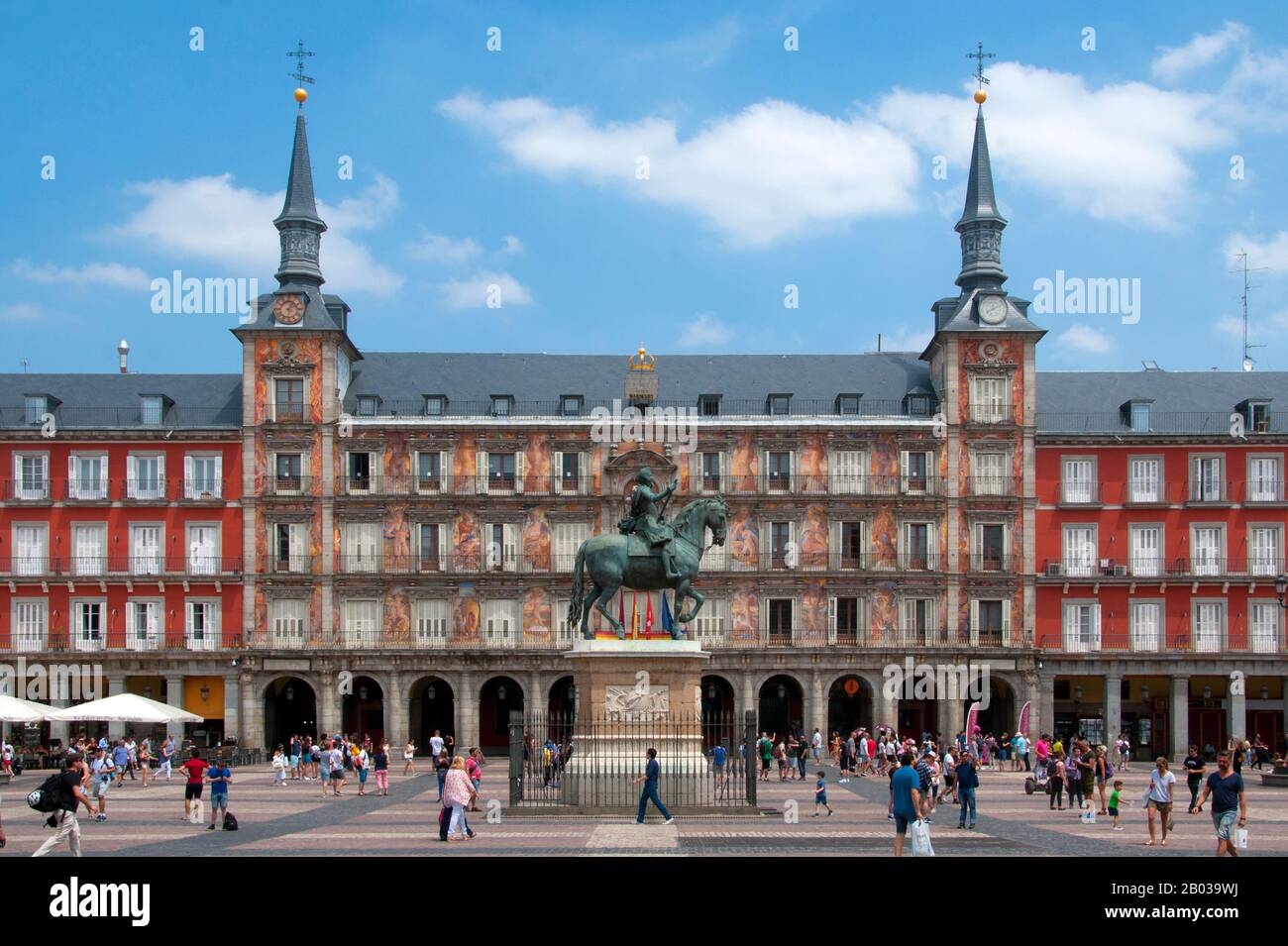 Philip III (14 April 1578 – 31 March 1621) was King of Spain. He was also, as Philip II, King of Portugal, Naples, Sicily and Sardinia and Duke of Milan from 1598 until his death.  The Plaza Mayor was first built (1580–1619) during Philip III's reign. The plaza as we see it today was the work of the Spanish architect Juan de Villanueva (1739 - 1811) who reconstructed the plaza in 1790. Stock Photo