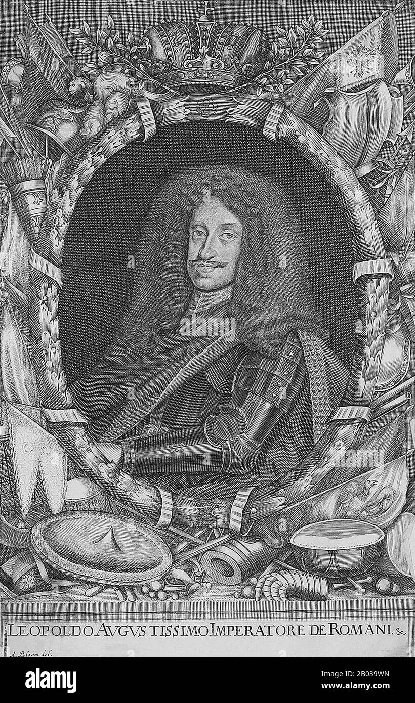 Leopold I (1640-1705) was the second son of Emperor Ferdinand III, and became heir apparent after the death of his older brother, Ferdinand IV. He was elected Holy Roman Emperor in 1658 after his father's death, and by then had also already become Archduke of Austria and claimed the crowns of Germany, Croatia, Bohemia and Hungary. Stock Photo