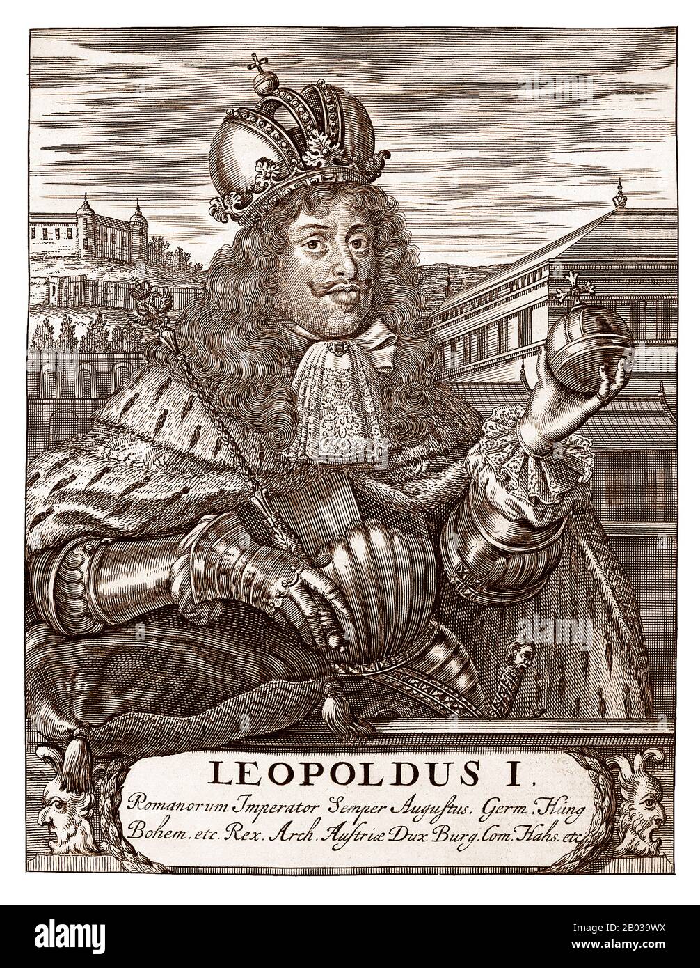 Leopold I (1640-1705) was the second son of Emperor Ferdinand III, and became heir apparent after the death of his older brother, Ferdinand IV. He was elected Holy Roman Emperor in 1658 after his father's death, and by then had also already become Archduke of Austria and claimed the crowns of Germany, Croatia, Bohemia and Hungary. Stock Photo