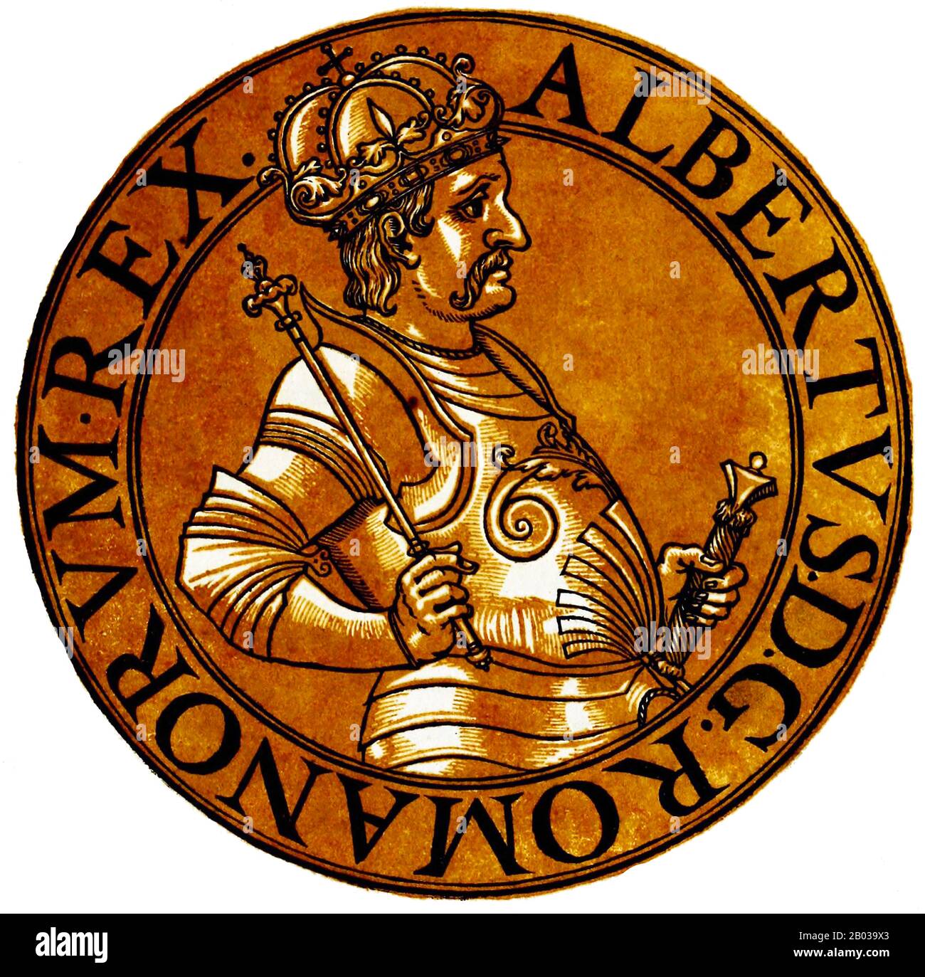 Albert II (1397-1439), also known as Albert of Germany and Albert the Magnanimous, was the son of Albert IV, Duke of Austria, succeeding his father at the age of seven in 1404, though he did not become the proper governor of Austria until 1411. Albert married Elisabeth of Luxembourg, heiress of Emperor Sigismund, in 1422.  Albert assisted his father-in-law during the Hussite Wars, and was in turn named as successor in 1423. When Sigismund died in 1437, Albert was crowned King of Hungary a year later. He was crowned King of Bohemia six months afterwards, though he did not obtain actual possessi Stock Photo