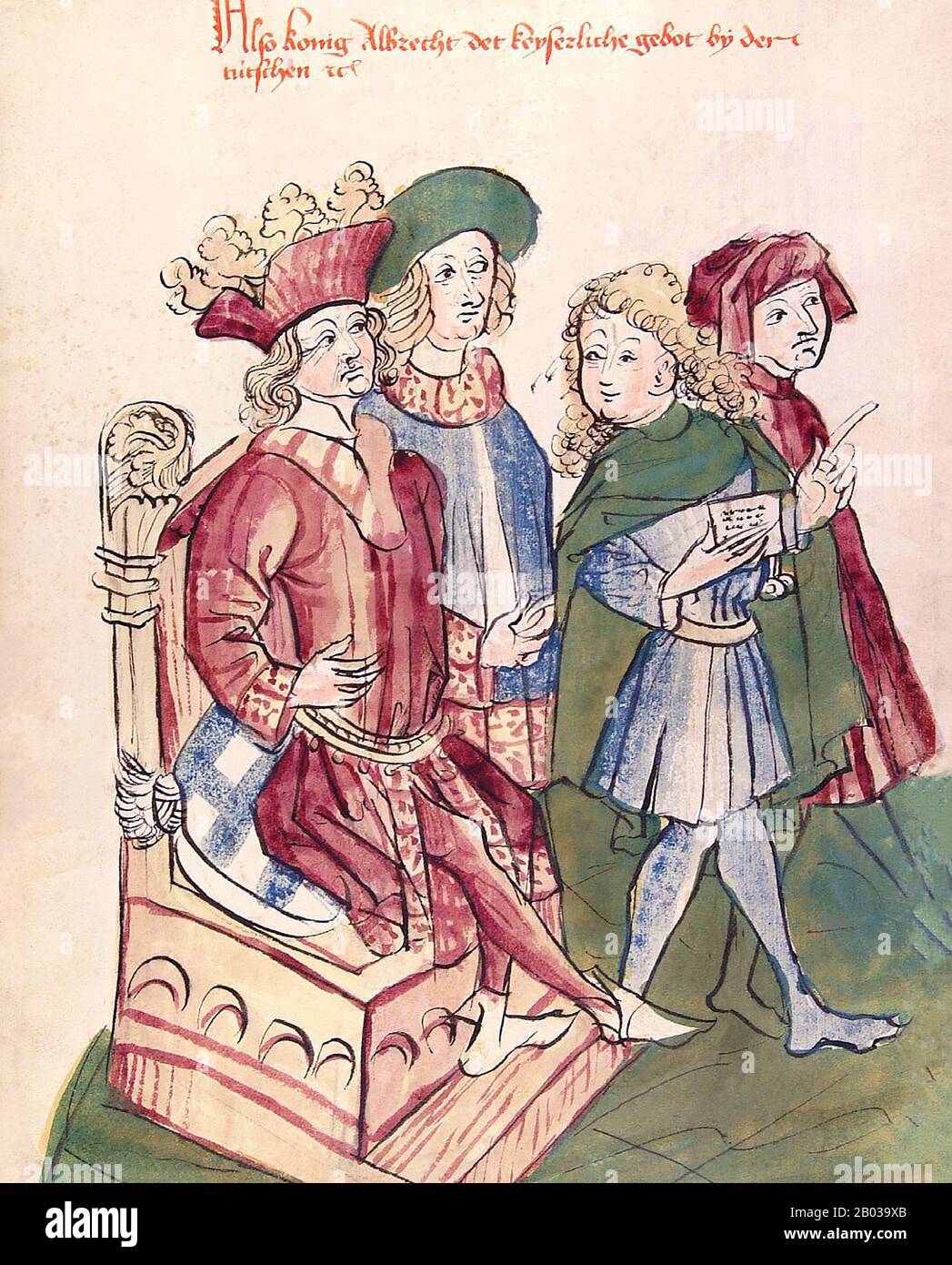 Albert I (1255-1308), also known as Albert of Habsburg, was the eldest son of King Rudolf I, and was made landgrave of Swabia in 1273, looking over his father's possessions in Alsace. He was then made Duke of Austria and Styria in 1283, alongside his younger brother Rudolf II. When his father died without managing to secure Albert's election as successor, he was forced to recognise the sovereignty of the elected King Adolf of Nassau.  Albert did not abandon his hopes for the German crown however, biding his time and working with Adolf's enemies and former allies to eventually have him deposed Stock Photo