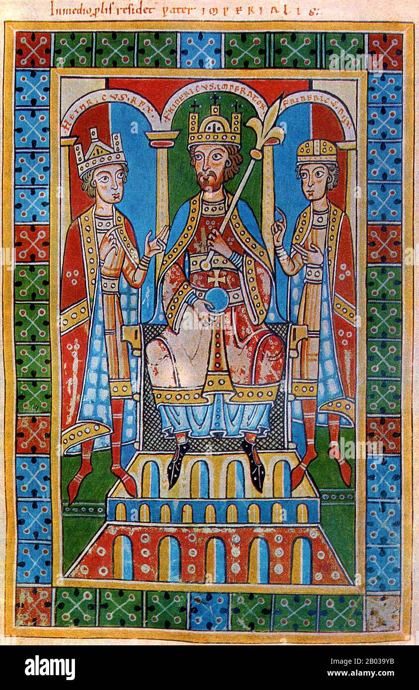 Frederick I (1122-1190), also known as Frederick Barbarossa, was the nephew of German king Conrad III, and became Duke of Swabia in 1147. When Conrad died in 1152, he named Frederick as his successor on his deathbed, rather than his own son, Frederick IV of Swabia. He was later crowned King of Italy and Holy Roman emperor in 1155, as well as being proclaimed King of Burgundy in 1178.  Frederick was given the name Barbarossa ('red beard') by the northern Italian cities he attempted to conquer, waging six campaigns in all to subsume Italy, struggling constantly with the various popes and interfe Stock Photo