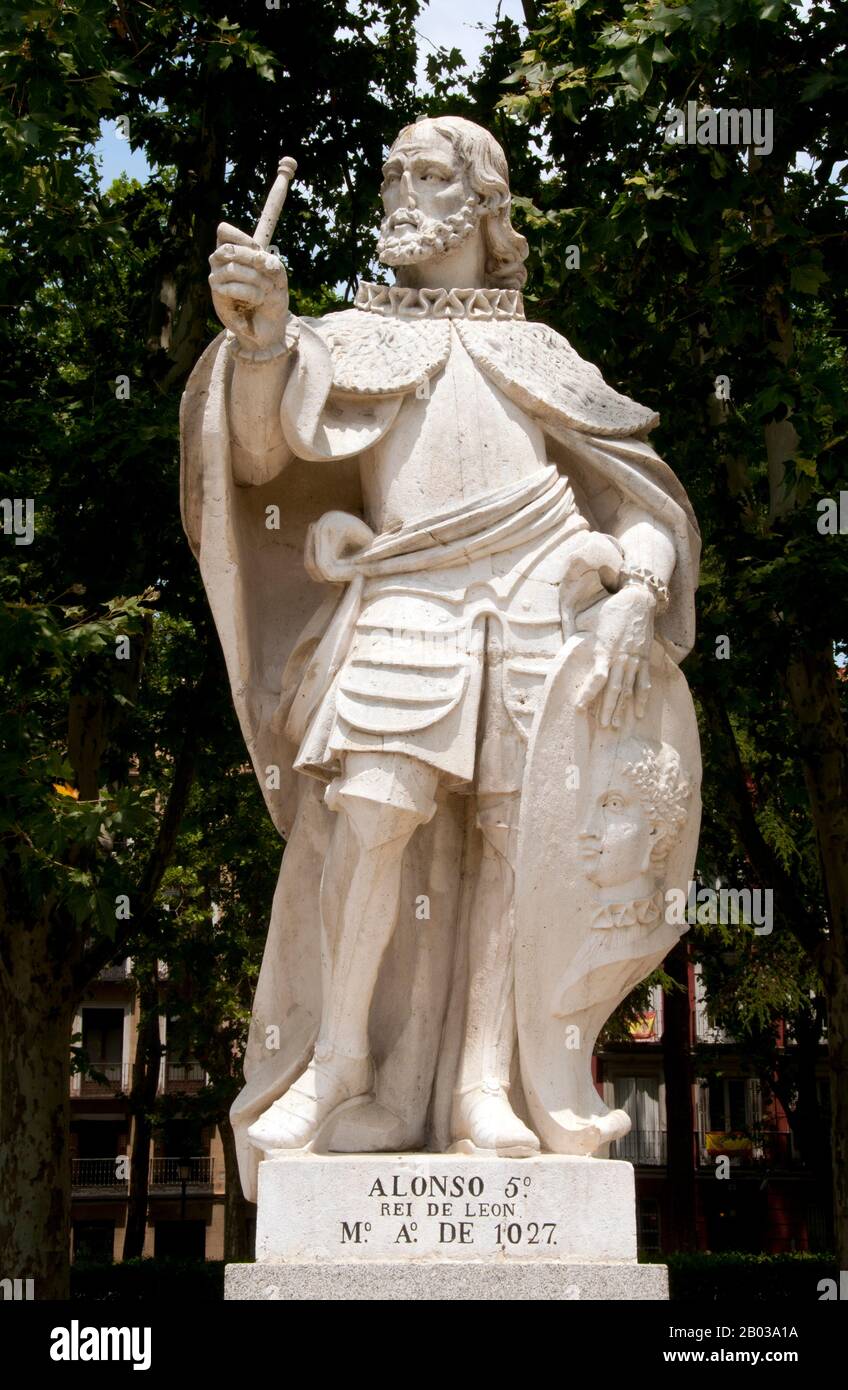 Alfonso V (994 – 7 August 1028), called the Noble, was King of León from 999 to 1028. Enough is known of him to justify the belief that he had some of the qualities of a soldier and a statesman.  Like other kings of León, Alfonso used the title emperor to assert his standing among the Christian rulers of Spain. He succeeded his father, Bermudo II, in 999. His mother Elvira García and count Menendo González, who raised him in Galicia, acted as his co-regents. Upon the count's death in 1008, Alfonso ruled on his own. Stock Photo