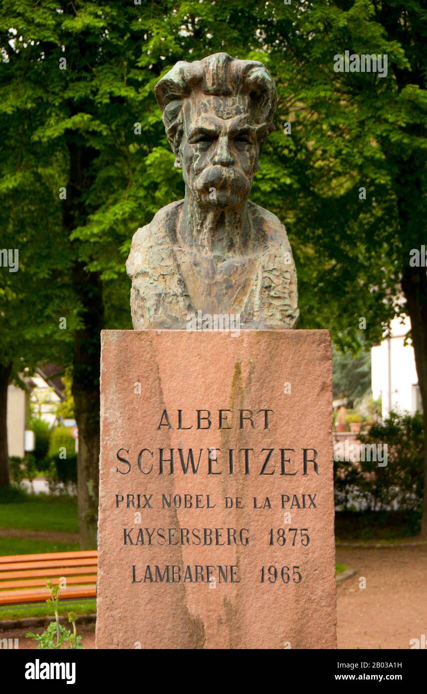 France / Germany: Albert Schweitzer (4 January 1875 – 4 September 1965), French Alsatian theologian, philosopher and physician, Kaysersberg, Alsace. Albert Schweitzer, born in Kaysersberg, was an Alsatian theologian, organist, writer, humanitarian, philosopher, and physician.  Schweitzer received the 1952 Nobel Peace Prize for his philosophy of 'Reverence for Life'. His philosophy was expressed in many ways, but most famously in founding and sustaining the Albert Schweitzer Hospital in Lambaréné, in the part of French Equatorial Africa which is now Gabon. Stock Photo