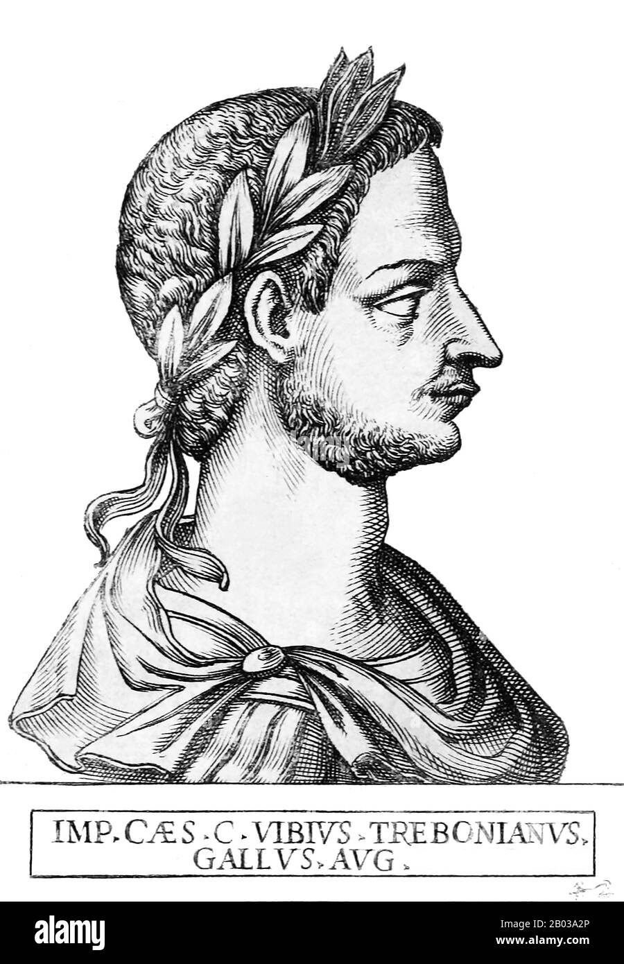 Trebonianus Gallus (206-253) was a respected politician and general in the Roman Empire, and rose to power after the deaths of co-Emperors Trajan Decius and his son Herennius Etruscus during the Battle of Abrittus in 251. Some rumours claim that Gallus had had a hand in the deaths of Decius and his son, having conspired with the Goth invaders.  His soldiers proclaimed Gallus emperor, but Decius' other son Hostilian had been acknowledged by the people of Rome as rightful heir. Not wishing to start another civil war, Gallus acquiesced to the will of the Roman people and adopted Hostilian as his Stock Photo