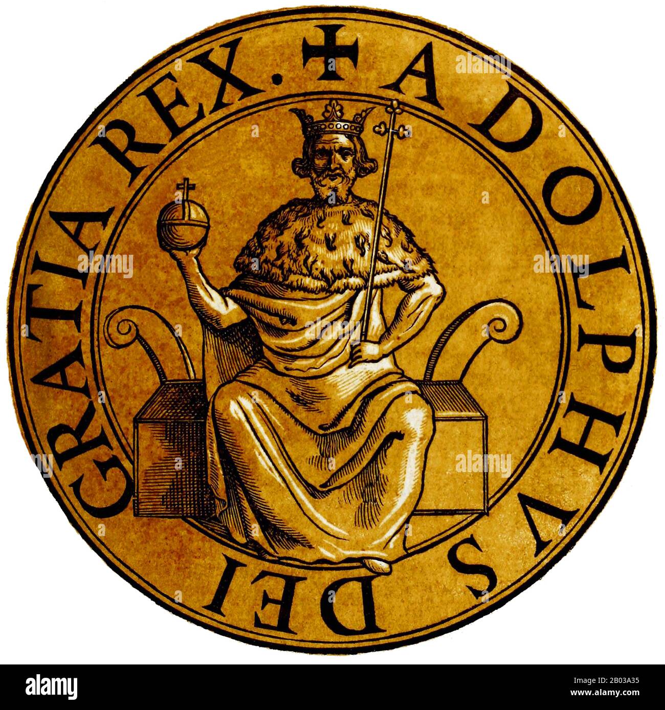 Adolf of Germany (1255-1298), also known as Adolf of Nassau, was the son of Walram II, Count of Nassau, and succeeded his father in 1276. When King Rudolf I died in 1291 without managing to secure the election of his eldest son Albert, Adolf was chosen by the Elector College of imperial princes and bishops, thinking him easy to control and manipulate. He was elected as King of Germany in 1292.  Adolf immediately had to pay and make significant concessions to the electors and archbishops who had given him the crown. Adolf had negligible power and influence within his own empire, but he soon tri Stock Photo