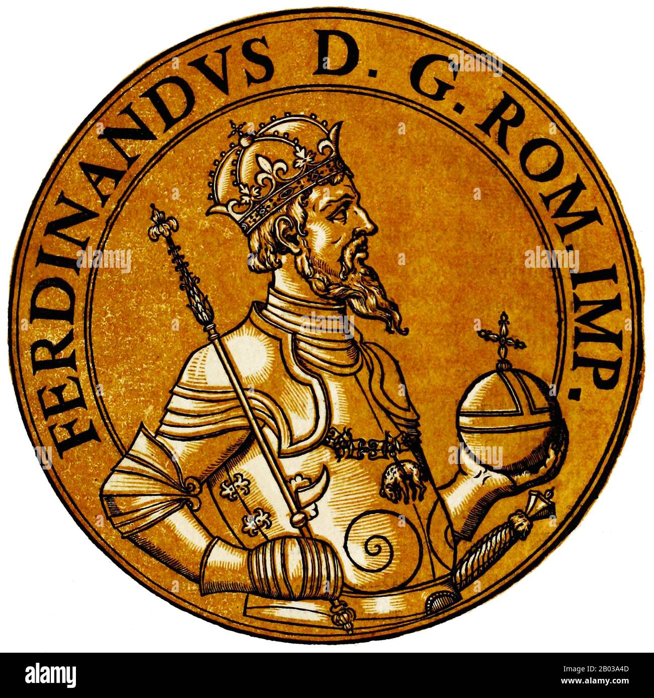 Ferdinand I (1503-1564) was the son of Philip I of Castile and Queen Joanna I of Castile, grandson of Emperor Maximilian I and younger brother of future emperor Charles V. Born and raised in Spain, he was sent to Flanders in 1518. When Charles became Holy Roman emperor in 1519, Ferdinand was entrusted with the governing of their hereditary Austrian lands, becoming Archduke of Austria and adopting the German culture as his own.  Ferdinand became King of Bohemia and Hungary in 1526 after the death of his brother-in-law Louis II, and served as his brother Charles' deputy in the Holy Roman Empire Stock Photo