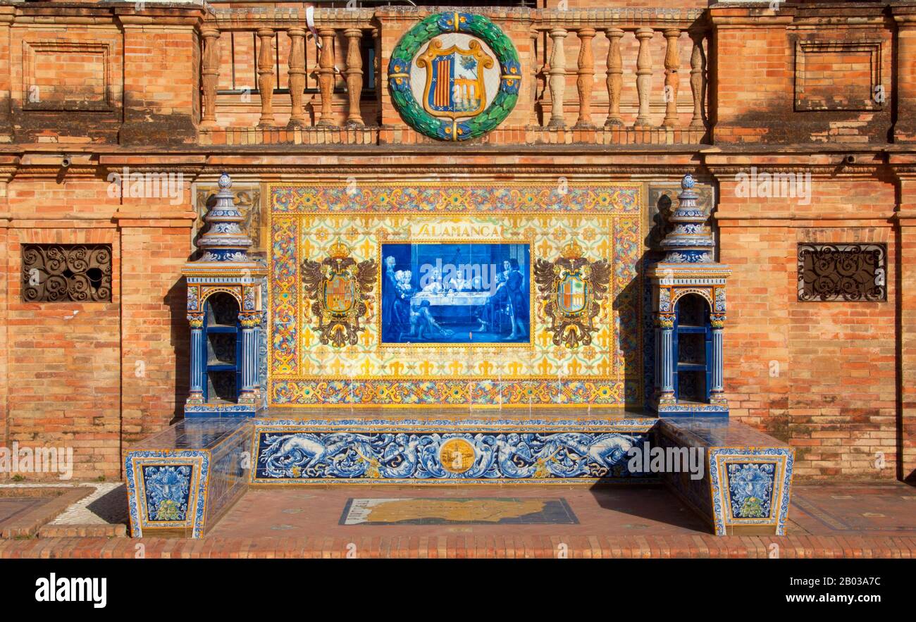 Salamanca is a province of western Spain, in the western part of the autonomous community of Castile and León.  The Plaza de España is a plaza in the Parque de María Luisa (Maria Luisa Park), in Seville, Spain, built in 1928 for the Ibero-American Exposition of 1929. It is a landmark example of the Regionalism Architecture, mixing elements of the Renaissance Revival and Moorish Revival (Neo-Mudéjar) styles of Spanish architecture. Stock Photo
