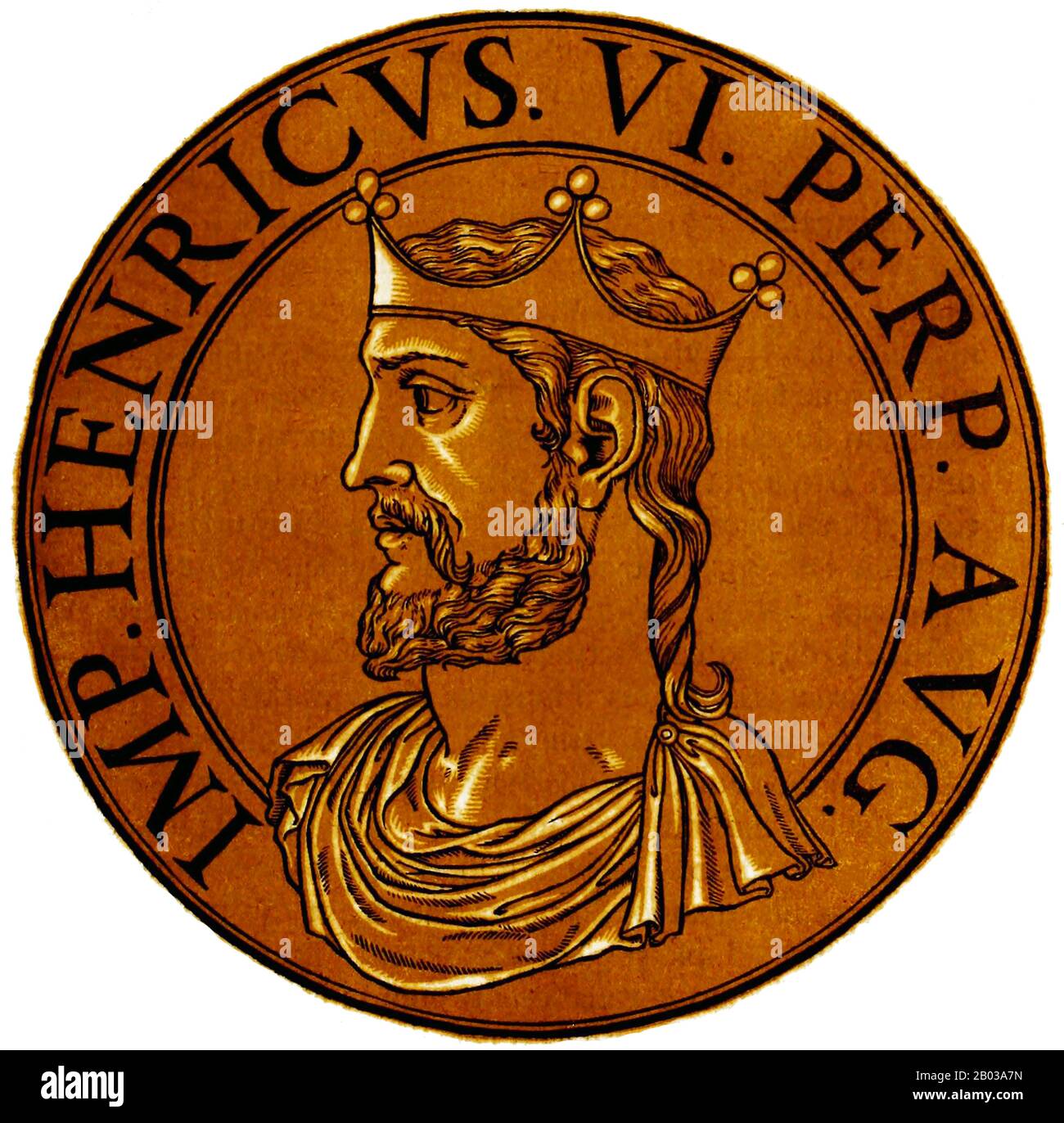 Henry VI (1165-1197) was the second son of Emperor Frederick I, and married the daughter of the late Norman king Roger II of Sicily, Constance of Sicily, in 1186. When his father died in 1190, he became King of Germany and Holy Roman Emperor in 1191. Stock Photo