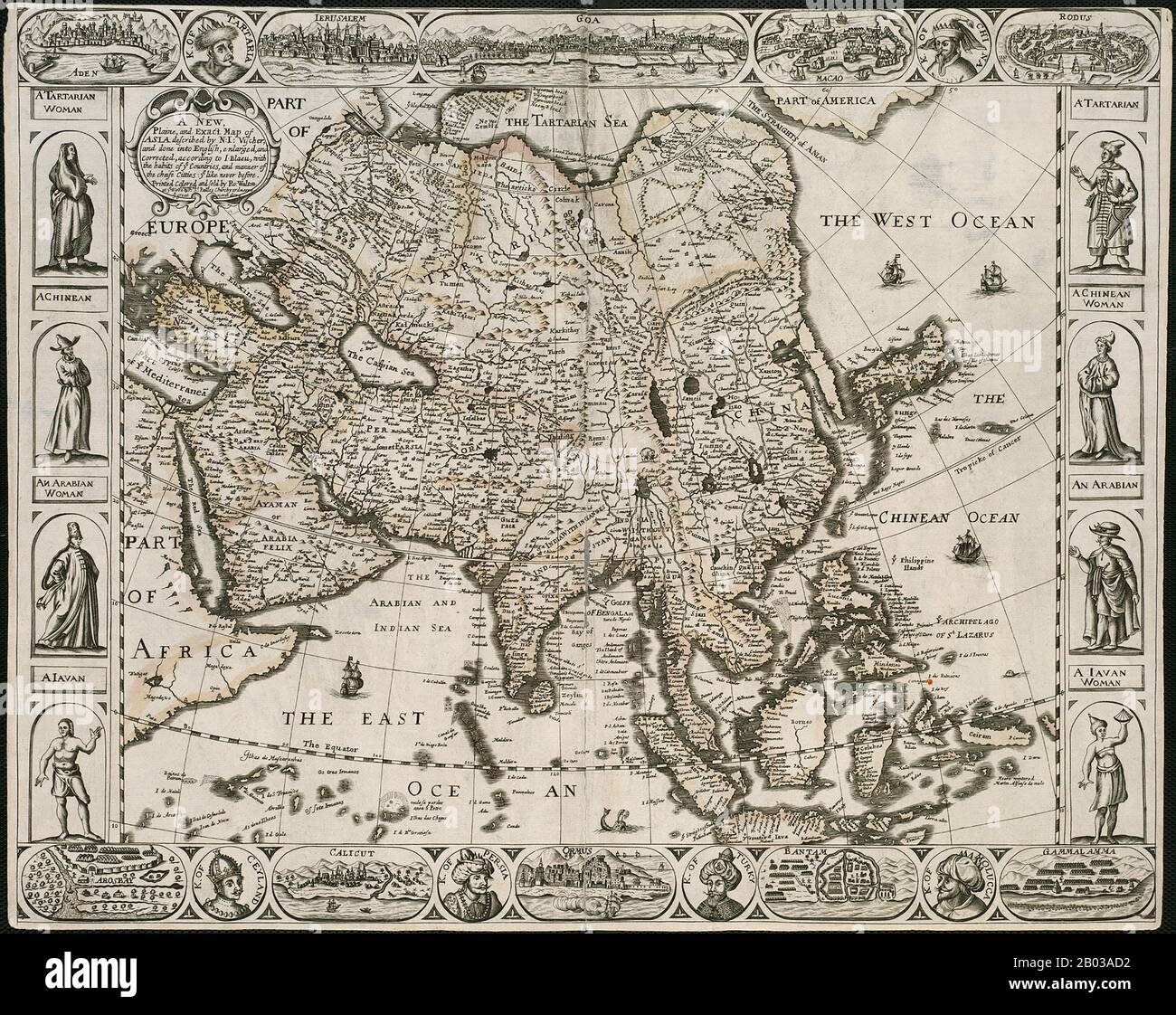 Nicolaes Visscher I (1618-1679) was a Dutch cartographer, engraver and publisher, the son of famed Dutch Golden Age draughtsman Claes Janszoon Visscher. He produced various double hemisphere maps, often working alongside his son, Nicolaes Visscher II, who continued the family tradition after his death. Stock Photo