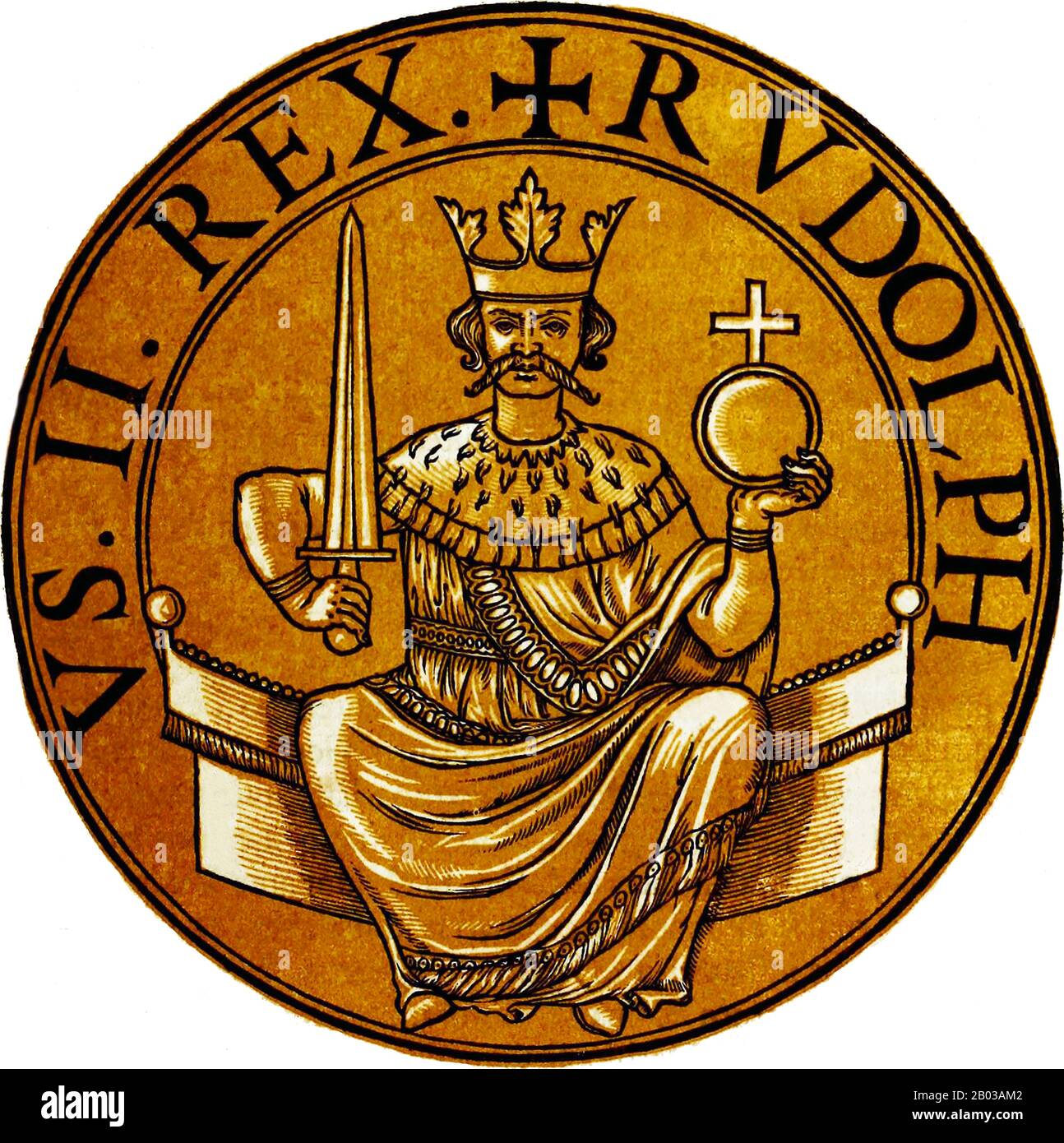 Rudolf I (1218-1291), also known as Rudolf of Habsburg, was the son of Count Albert IV of Habsburg, and became count after his father's death in 1239. His godfather was Emperor Frederick II, to whom he paid frequent court visits. Rudolf ended the Great Interregnum that had engulfed the Holy Roman Empire after the death of Frederick when he was elected as King of Germany in 1273. Stock Photo