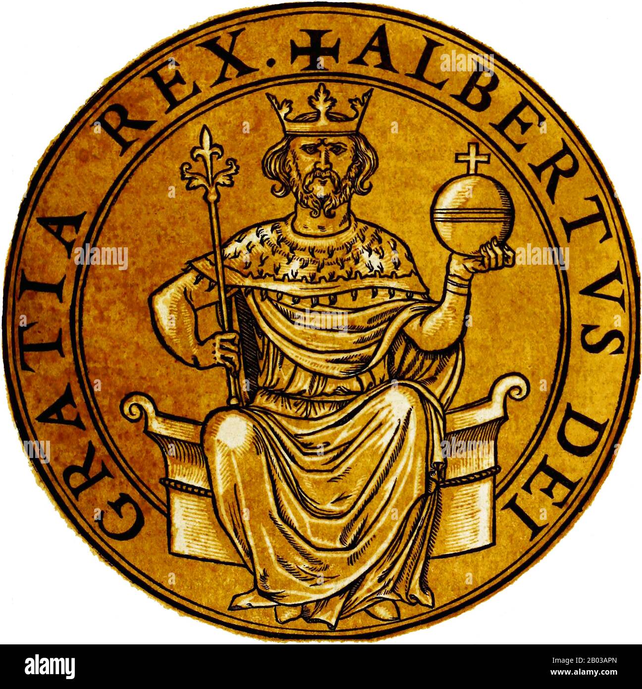Albert I (1255-1308), also known as Albert of Habsburg, was the eldest son of King Rudolf I, and was made landgrave of Swabia in 1273, looking over his father's possessions in Alsace. He was then made Duke of Austria and Styria in 1283, alongside his younger brother Rudolf II. When his father died without managing to secure Albert's election as successor, he was forced to recognise the sovereignty of the elected King Adolf of Nassau.  Albert did not abandon his hopes for the German crown however, biding his time and working with Adolf's enemies and former allies to eventually have him deposed Stock Photo