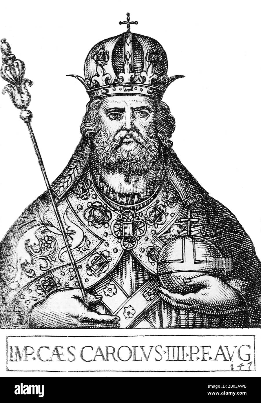 Charles IV (1316-1378), born Wenceslaus, was the eldest son of King John of Bohemia and grandson of Emperor Henry VII, making him part of the Luxembourg dynasty. Charles was crowned King of Italy and Holy Roman Emperor in 1355, and later became King of Burgundy in 1365, making him the personal ruler of all the kingdoms of the Holy Roman Empire. Stock Photo