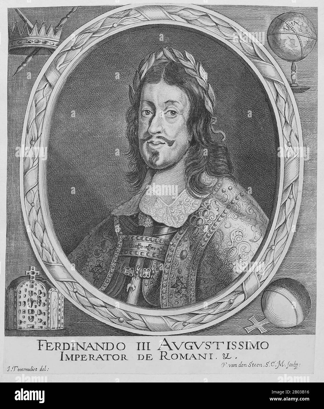 Ferdinand III (1608-1657) was the eldest son of Emperor Ferdinand II. He became Archduke of Austria in 1621, King of Hungary in 1625 and King of Bohemia in 1627. Ferdinand was appointed head of the Imperial Army in 1634 during the Thirty Years' War, and was vital in the negotiation of the Peace of Prague in 1635, the same year he was elected King of Germany. When his father died in 1637, he succeeded him as Holy Roman Emperor. Stock Photo