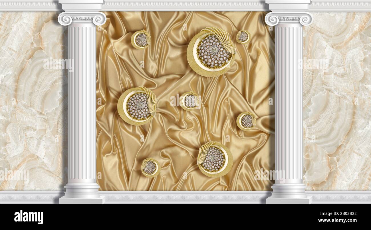 3d wallpapers, ionic columns and gold Jewelry on beige silk. 3d background in classical style. Stock Photo