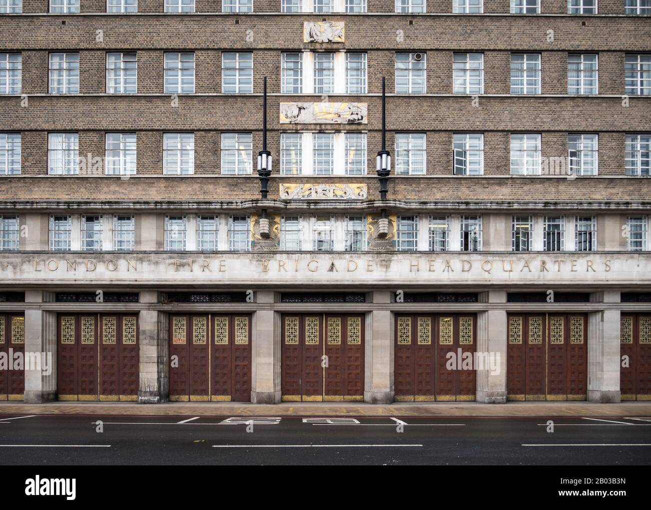 London Fire Brigade Headquarters. The art deco architectural facade to the London Fire Bridge HQ on Albert Embankment, London, UK. Stock Photo
