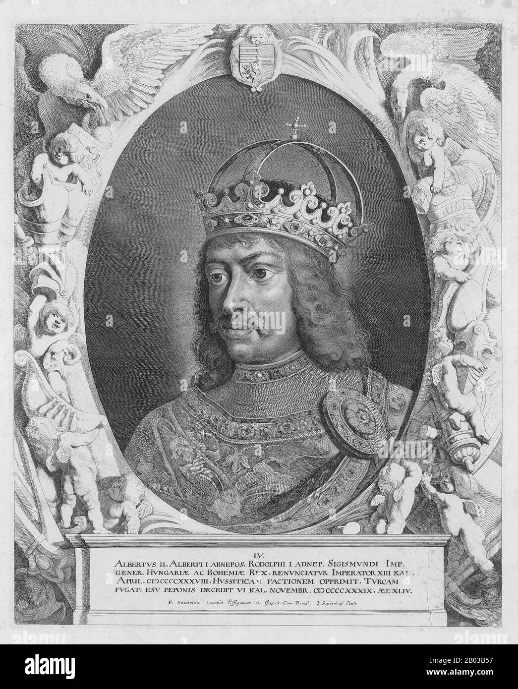 Albert II (1397-1439), also known as Albert of Germany and Albert the Magnanimous, was the son of Albert IV, Duke of Austria, succeeding his father at the age of seven in 1404, though he did not become the proper governor of Austria until 1411. Albert married Elisabeth of Luxembourg, heiress of Emperor Sigismund, in 1422. The crown of Germany was given to him in 1438. Stock Photo