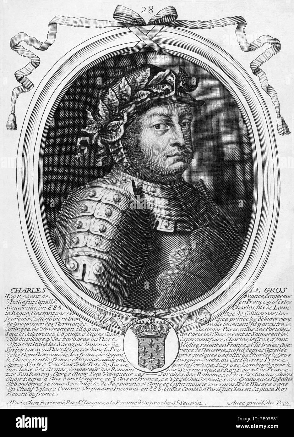 Charles III (839-888), more commonly known as Charles the Fat, was the youngest son of Louis the German, King of East Francia, and great-grandson of Emperor Charlemagne. He was crowned as Holy Roman emperor in 881, and succeeded his brother Louis the Younger as king of Saxony and Bavaria a year later, reuniting the Kingdom of East Francia. Stock Photo