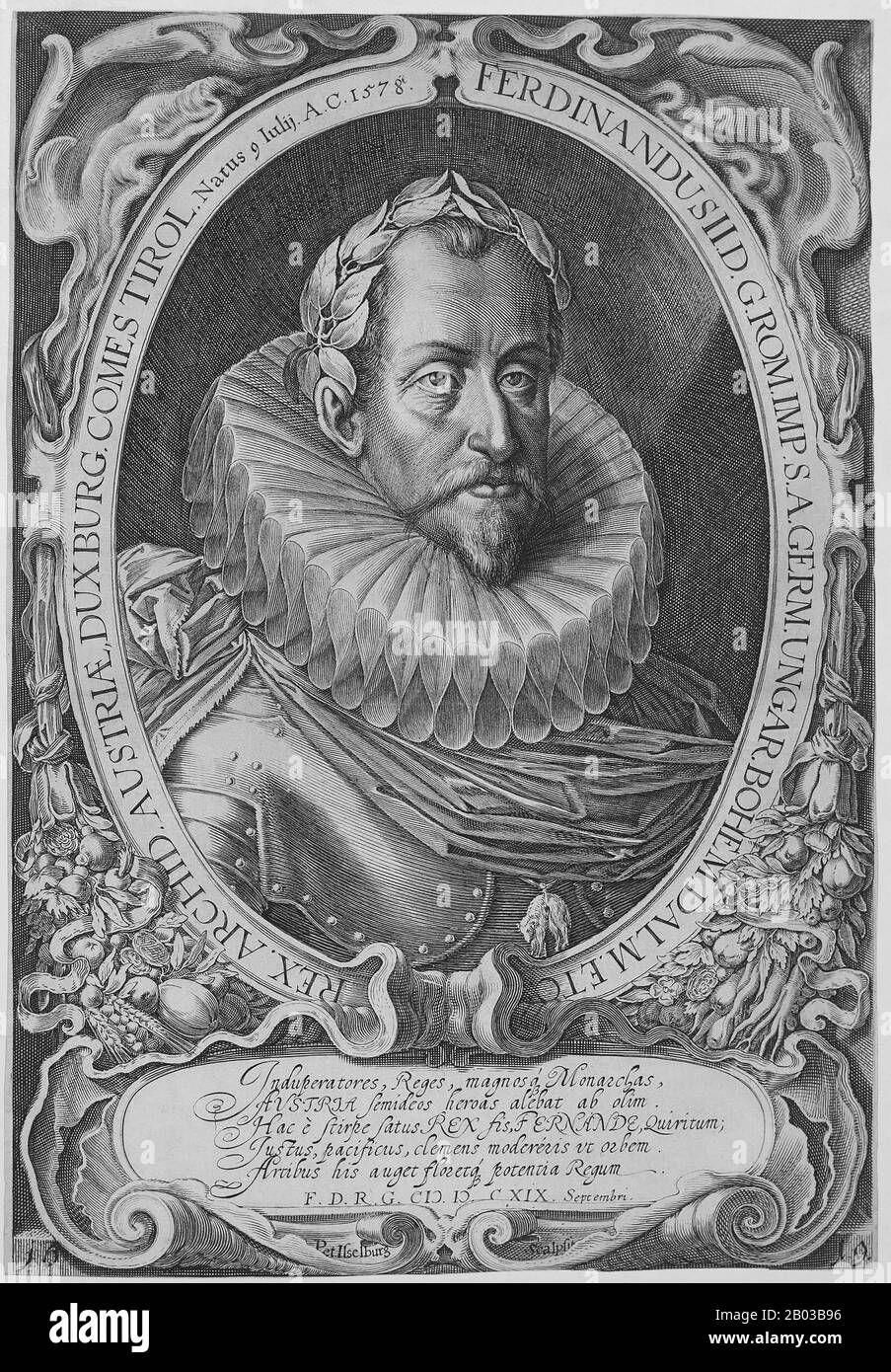 Ferdinand II (1578-1637) was the son of Charles II, Archduke of Austria, and grandson of Emperor Ferdinand I. Ferdinand was part of a Catholic faction opposed to his cousin, Emperor Matthias, who was more tolerant to Protestantism. He became King of Bohemia in 1617, King of Hungary in 1618, and ascended to Holy Roman Emperor in 1619 after his cousin's death. Stock Photo