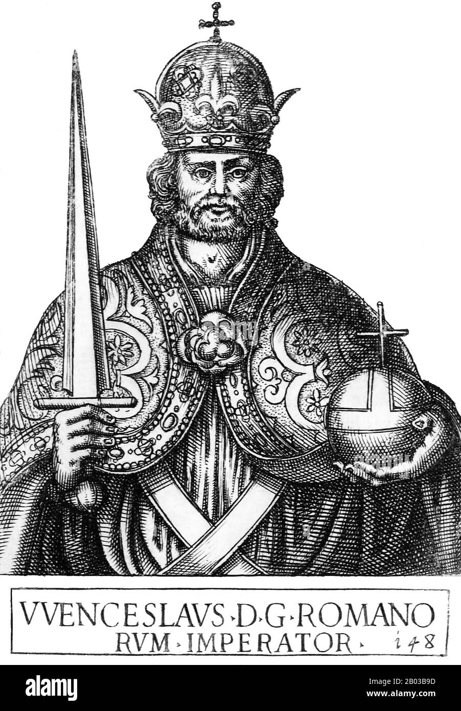 Wenceslaus IV (1361-1419), also known as Wenceslaus of Bohemia and Wenceslaus the Idle, was the son of Emperor Charles IV and became King of Bohemia in 1363, aged only two. He was elected as King of Germany in 1376 by the actions of his father, who passed away in 1378, making Wenceslaus sole ruler of Bohemia and the Holy Roman Empire. Stock Photo