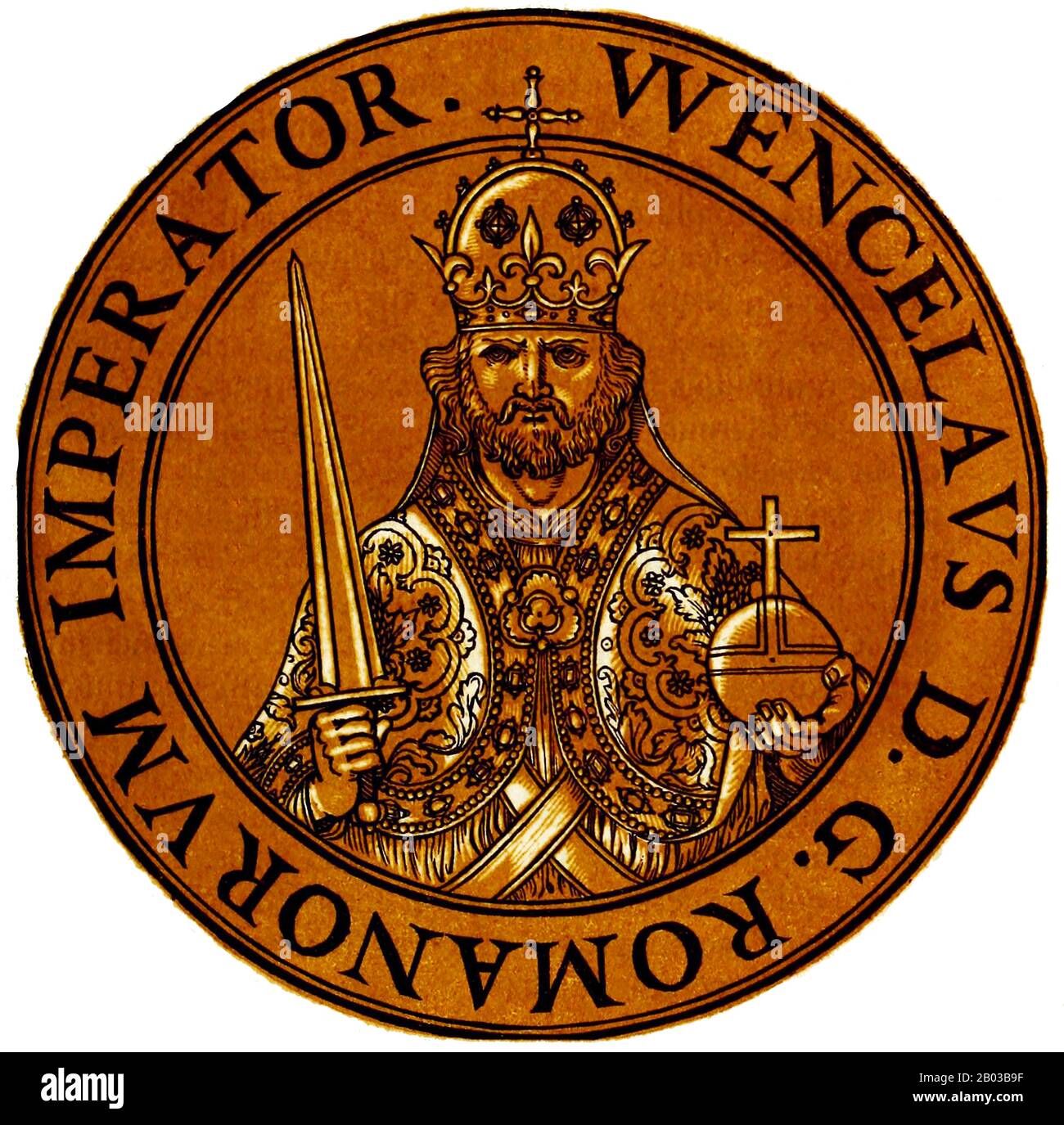 Wenceslaus IV (1361-1419), also known as Wenceslaus of Bohemia and Wenceslaus the Idle, was the son of Emperor Charles IV and became King of Bohemia in 1363, aged only two. He was elected as King of Germany in 1376 by the actions of his father, who passed away in 1378, making Wenceslaus sole ruler of Bohemia and the Holy Roman Empire. Stock Photo