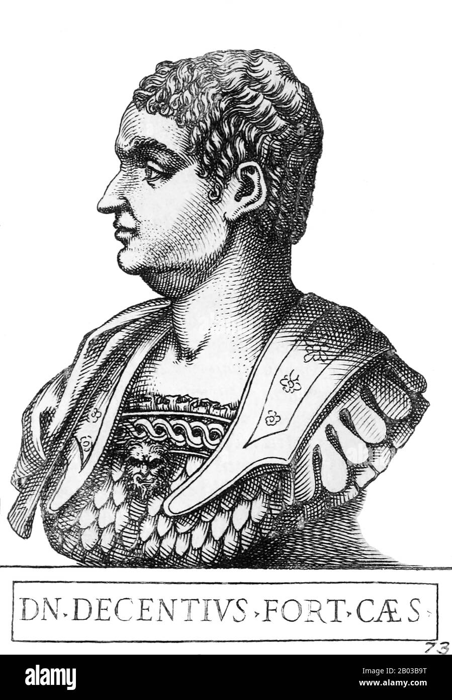 Magnus Decentius (-353) was possibly the brother of the usurper Magnentius, who murdered Emperor Constans and revolted against Emperor Constantius II in 350. When Magnentius was busy fighting against Constantius II, he elevated Decentius to Caesar and co-emperor to aid him, ordering him to oversee the defence of Gaul and the Rhine frontier. Stock Photo