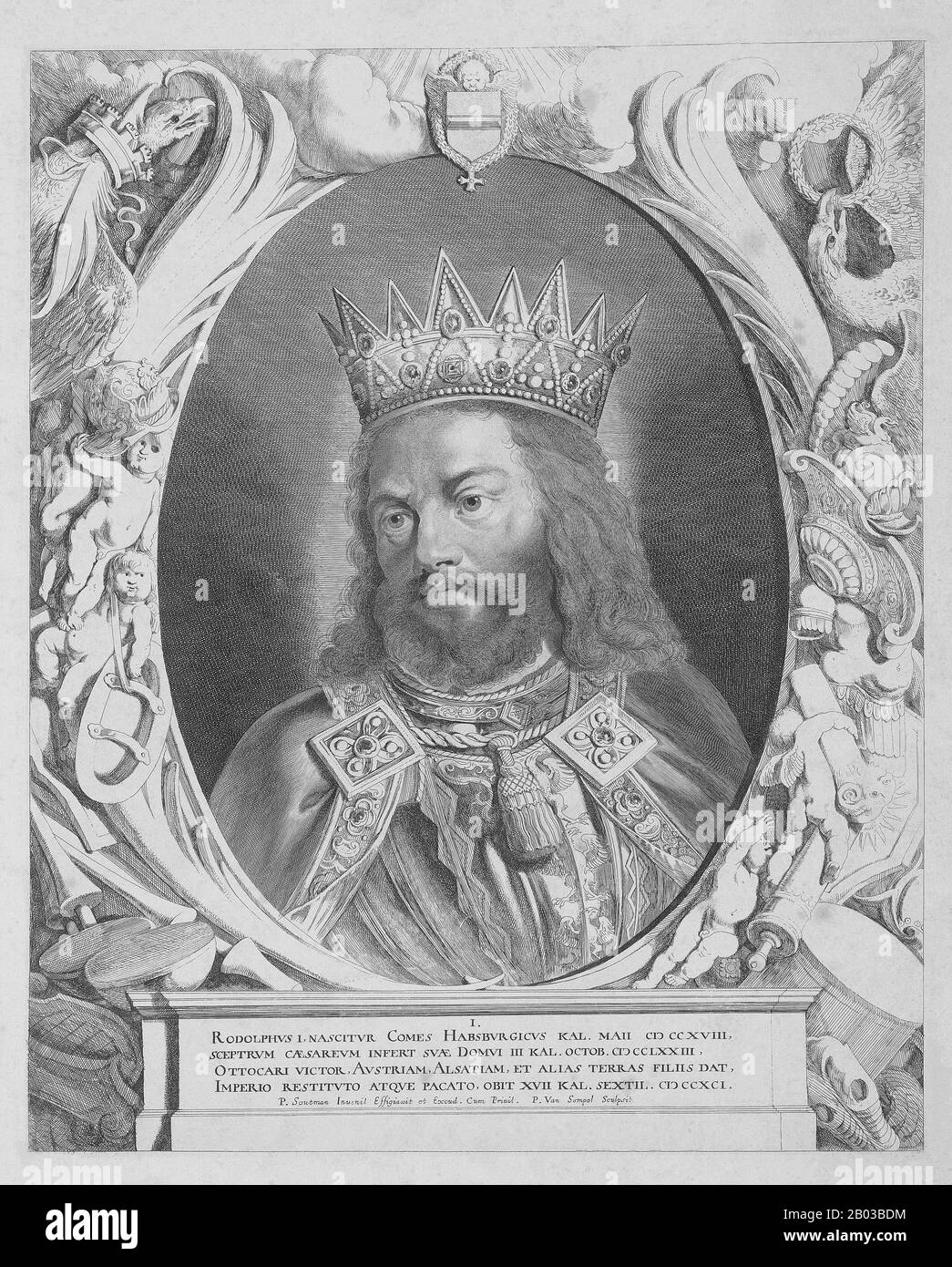 Rudolf I (1218-1291), also known as Rudolf of Habsburg, was the son of Count Albert IV of Habsburg, and became count after his father's death in 1239. His godfather was Emperor Frederick II, to whom he paid frequent court visits. Rudolf ended the Great Interregnum that had engulfed the Holy Roman Empire after the death of Frederick when he was elected as King of Germany in 1273. Stock Photo