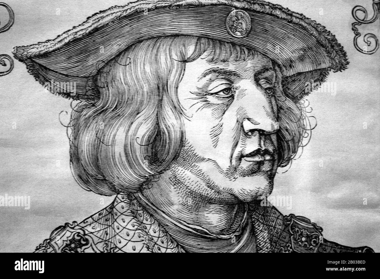Maximilian I (22 March 1459 – 12 January 1519), the son of Frederick III, Holy Roman Emperor, and Eleanor of Portugal, was King of the Romans (also known as King of the Germans) from 1486 and Holy Roman Emperor from 1508 until his death, though he was never in fact crowned by the Pope, the journey to Rome always being too risky. Stock Photo