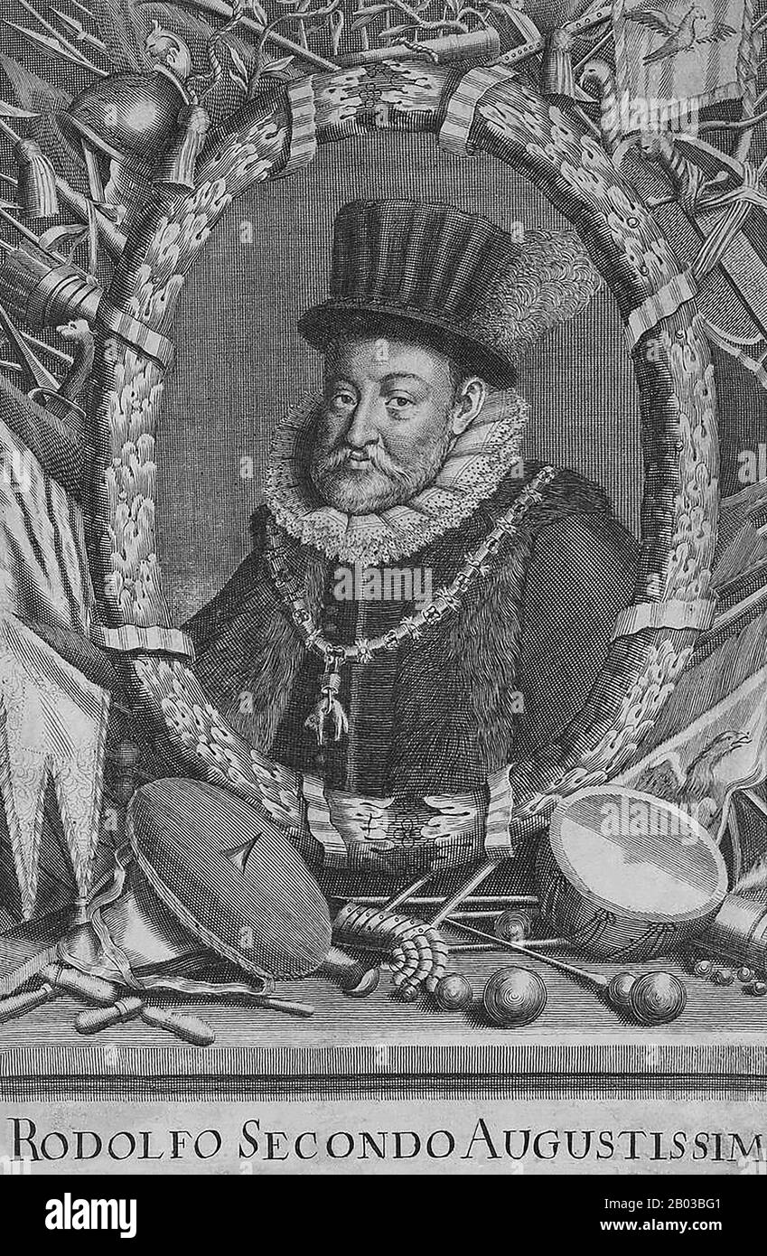 Rudolf II (1552-1612) was the eldest son and successor of Emperor Maximilian II. He became King of Hungary and Croatia in 1572, and by the time of his father's death in 1576, had also inherited the Bohemian, German and Holy Roman crowns. Stock Photo