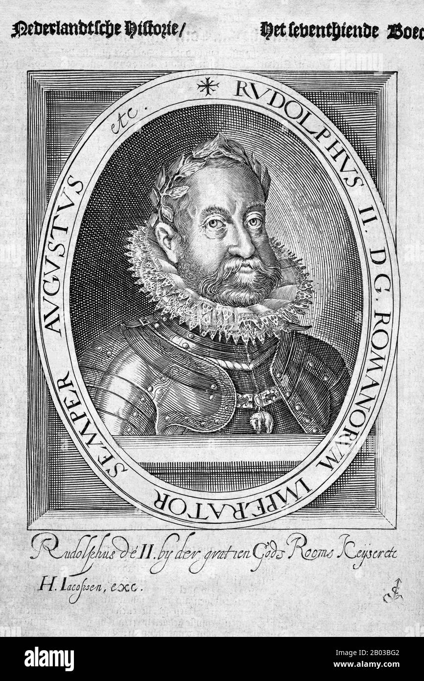 Rudolf II (1552-1612) was the eldest son and successor of Emperor Maximilian II. He became King of Hungary and Croatia in 1572, and by the time of his father's death in 1576, had also inherited the Bohemian, German and Holy Roman crowns. Stock Photo