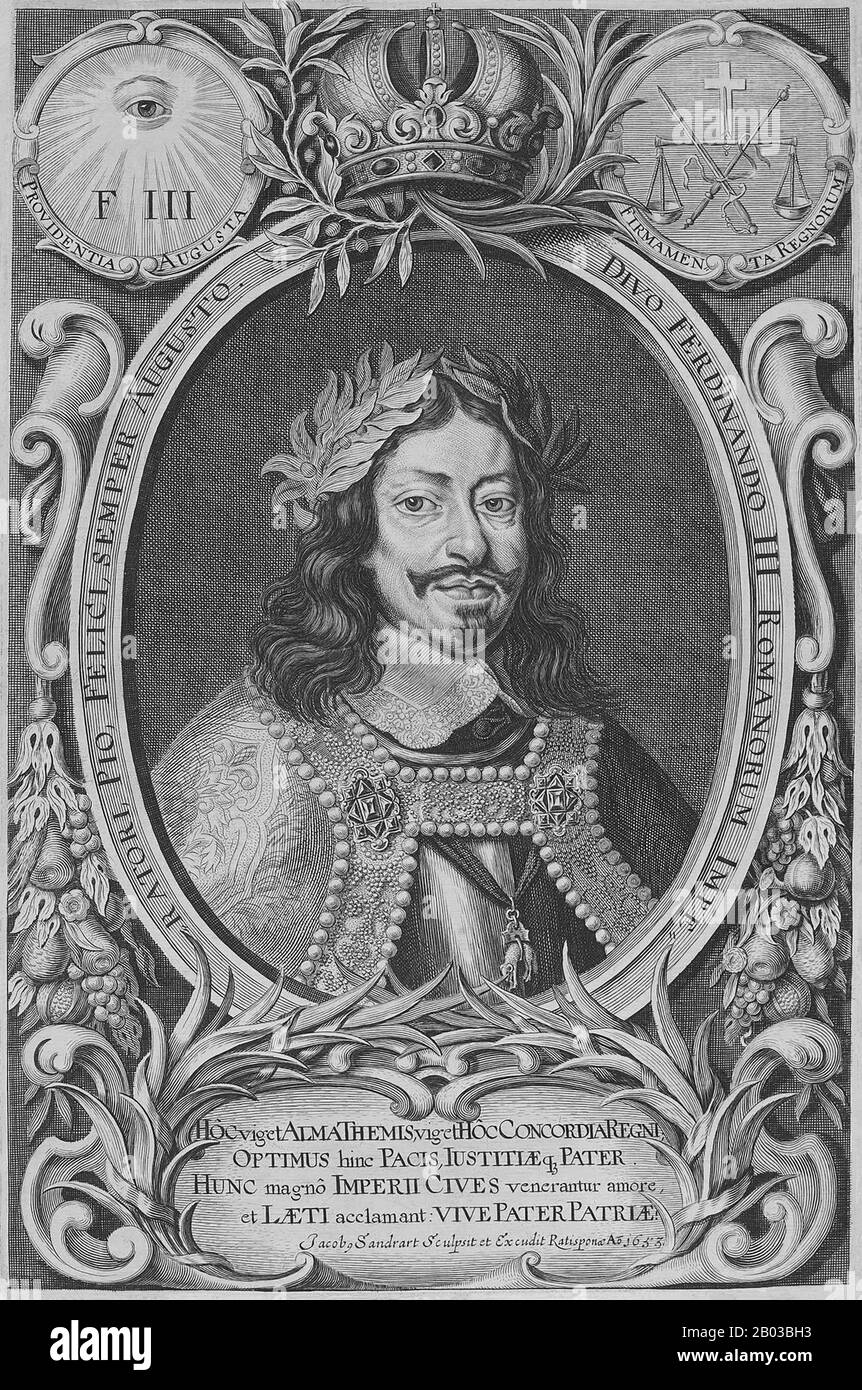 Ferdinand III (1608-1657) was the eldest son of Emperor Ferdinand II. He became Archduke of Austria in 1621, King of Hungary in 1625 and King of Bohemia in 1627. Ferdinand was appointed head of the Imperial Army in 1634 during the Thirty Years' War, and was vital in the negotiation of the Peace of Prague in 1635, the same year he was elected King of Germany. When his father died in 1637, he succeeded him as Holy Roman Emperor. Stock Photo