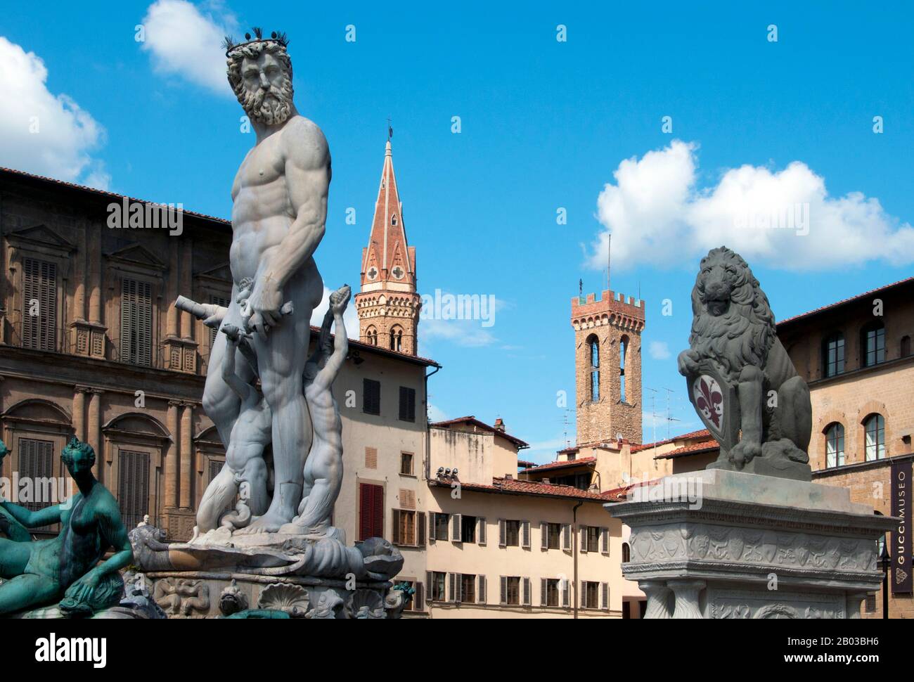 Italy: A marble statue portraying 'Neptune', the Fountain of Neptune, Piazza della Signoria, Florence. Sculpted by Bartolomeo Ammannati (1511 - 1592), 1565. Neptune is the god of freshwater and the sea in Roman religion. He is the counterpart of the Greek god Poseidon. In the Greek-influenced tradition, Neptune is the brother of Jupiter and Pluto; the brothers preside over the realms of Heaven, the earthly world, and the Underworld. Salacia is his wife. Stock Photo