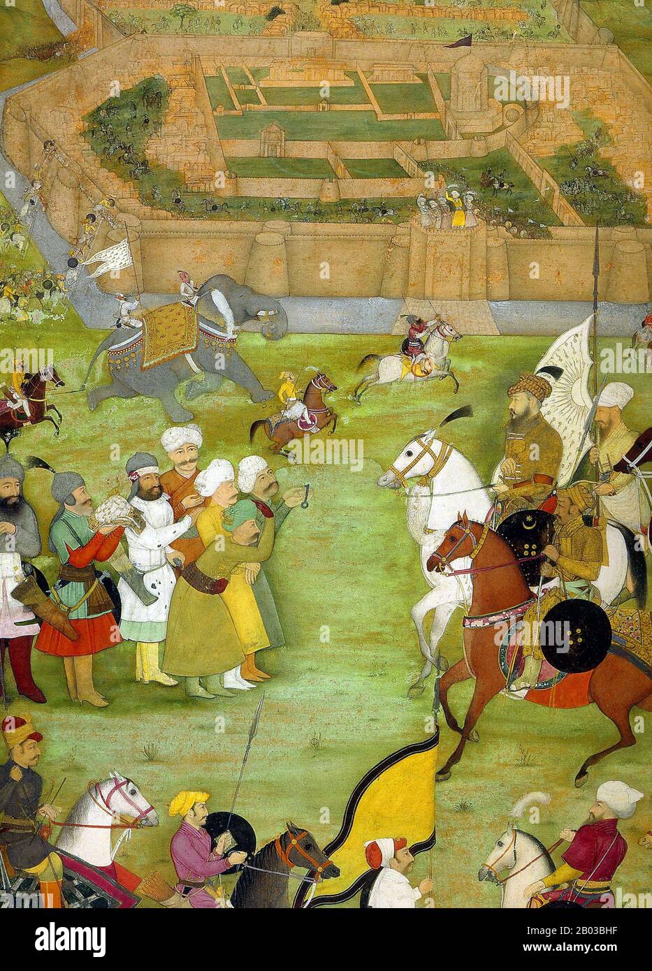 The Padshahnama is a genre of works written to visually record the reign of Mughal Emperor Shah Jahan (5 January 1592  – 22 January 1666). The historical volumes were written by multiple authors, including Muhammad Amin Qazvini, Jalaluddin Tabatabai and Abdul Hamid Lahori, the latter having written the most significant works of the genre. Stock Photo